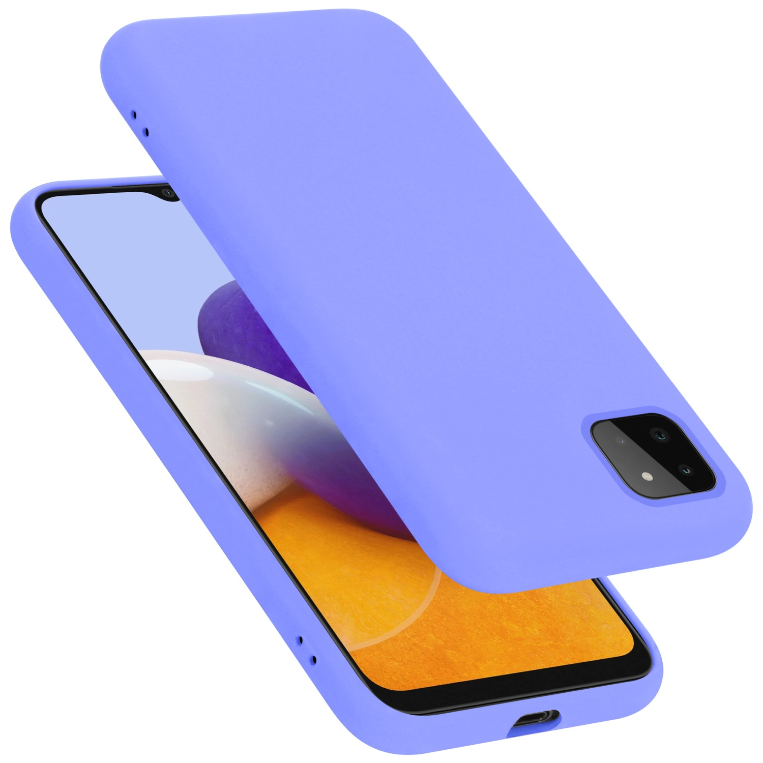 Lila Handyhülle mit dem Telefon darin. Telefon und Hülle liegen oben.