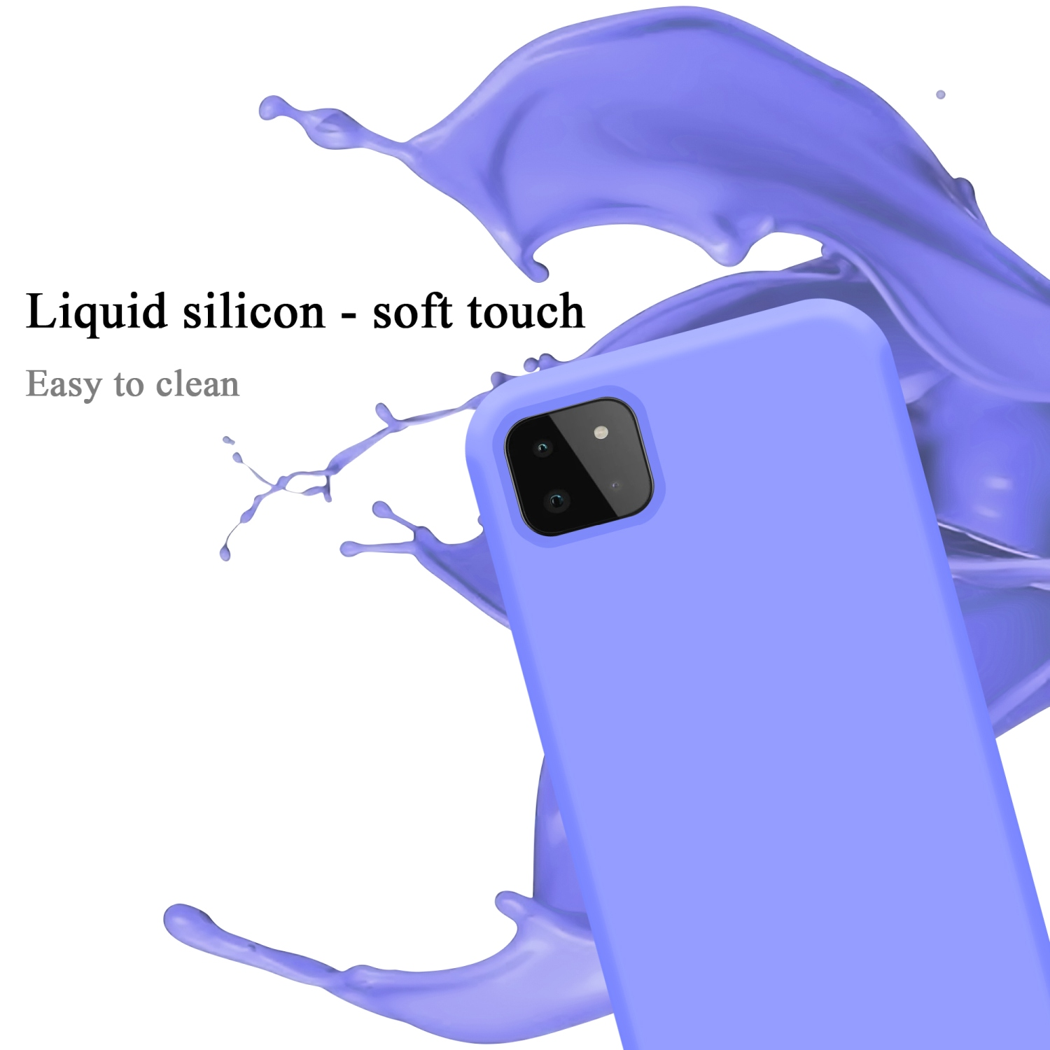 Eine periwinklefarbene Handyhülle mit einem Telefon darin und einem lila Spritzeffekt auf weißem Grund.