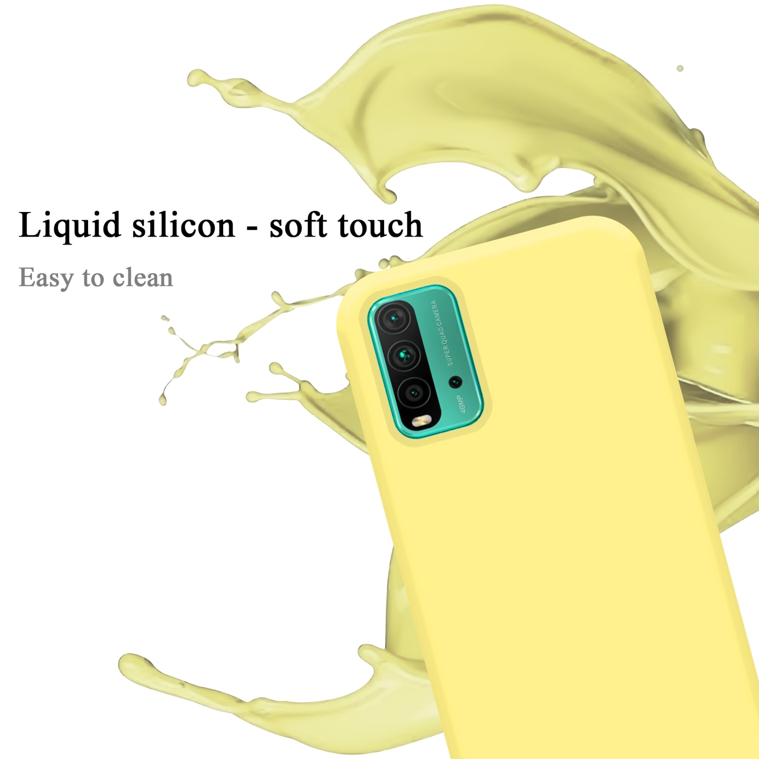 Gelbe Handyhülle mit Flüssigkeitsspritzer. Text: Flüssigsilikon - Soft-Touch. Leicht zu reinigen.