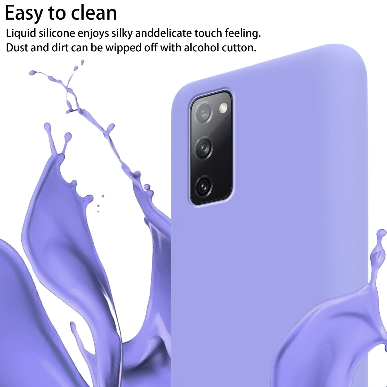 Custodia lilla con telefono, effetto splash e scritta facile da pulire.