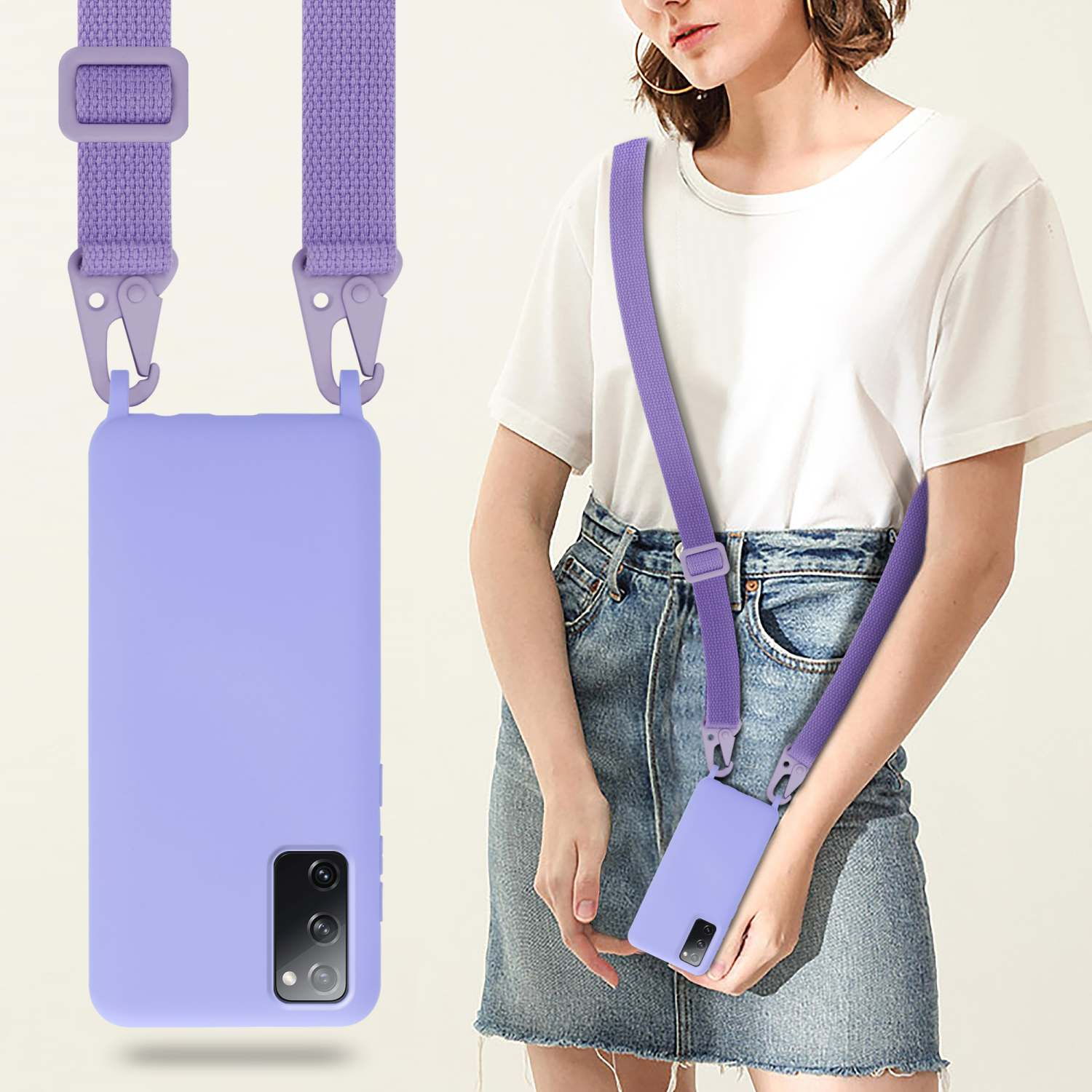 Custodia per telefono viola con cinturino intorno al collo di una donna. Donna con maglietta bianca e pantaloncini di jeans.