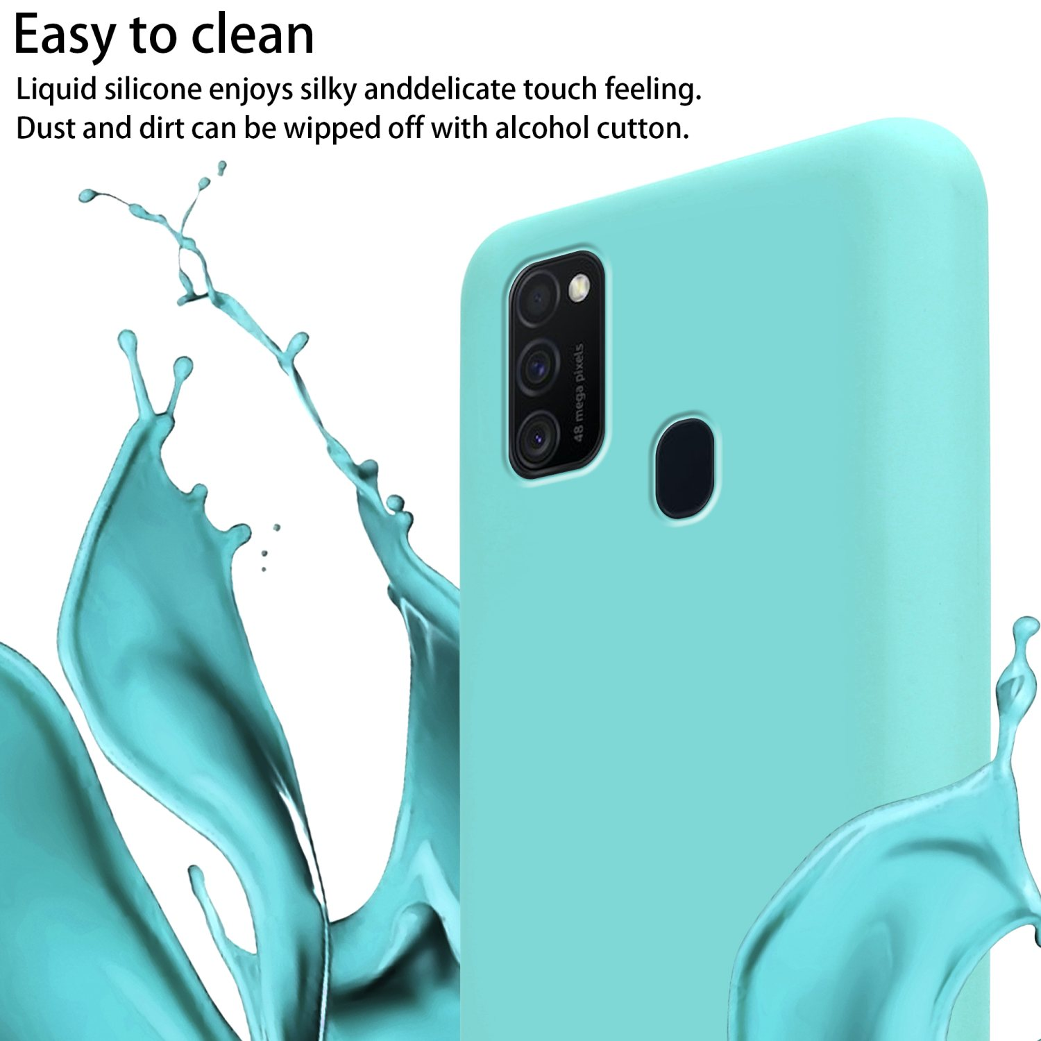 Una custodia per telefono verde acqua angolata con schizzi d'acqua, con un telefono all'interno.