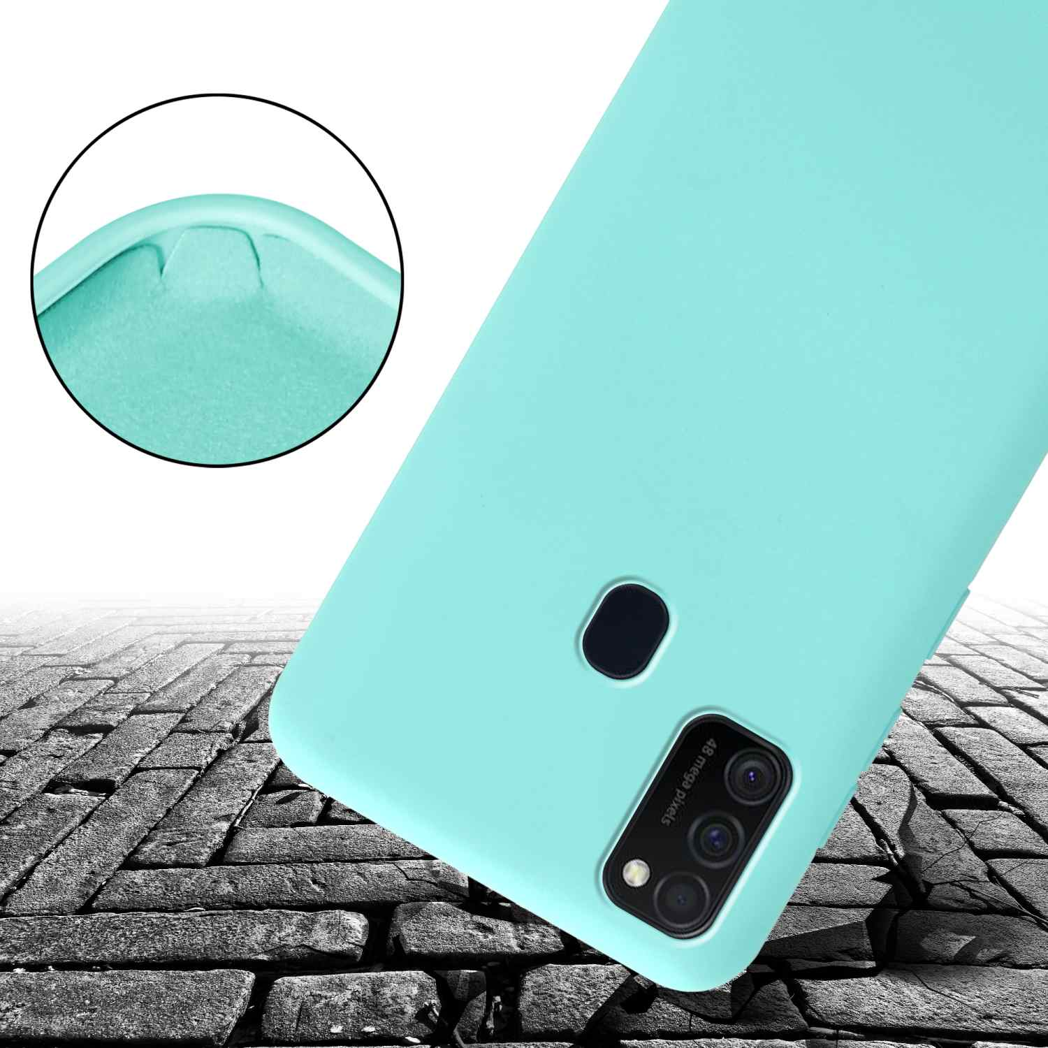 Una custodia per telefono color teal è a terra, leggermente inclinata, che mostra il design.
