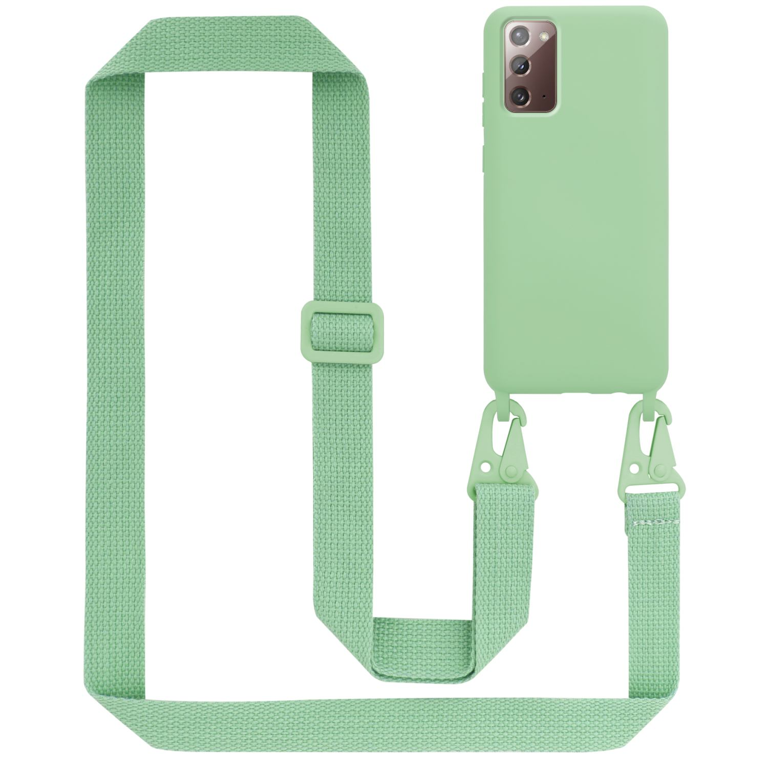 Custodia verde per telefono con cinturino. Il telefono è verde. Il cinturino è attaccato alla custodia.