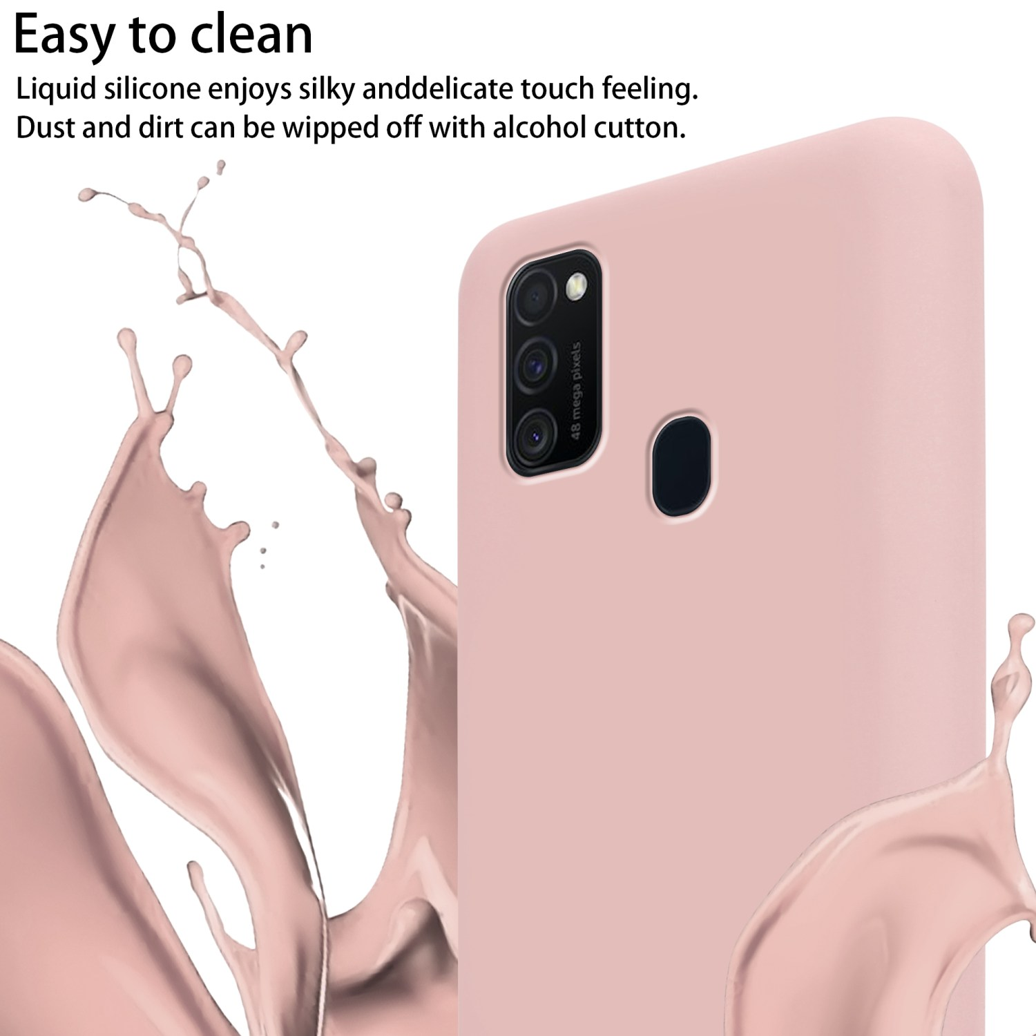 Custodia per telefono rosa con silicone liquido. Schizzi di liquido rosa intorno alla custodia.
