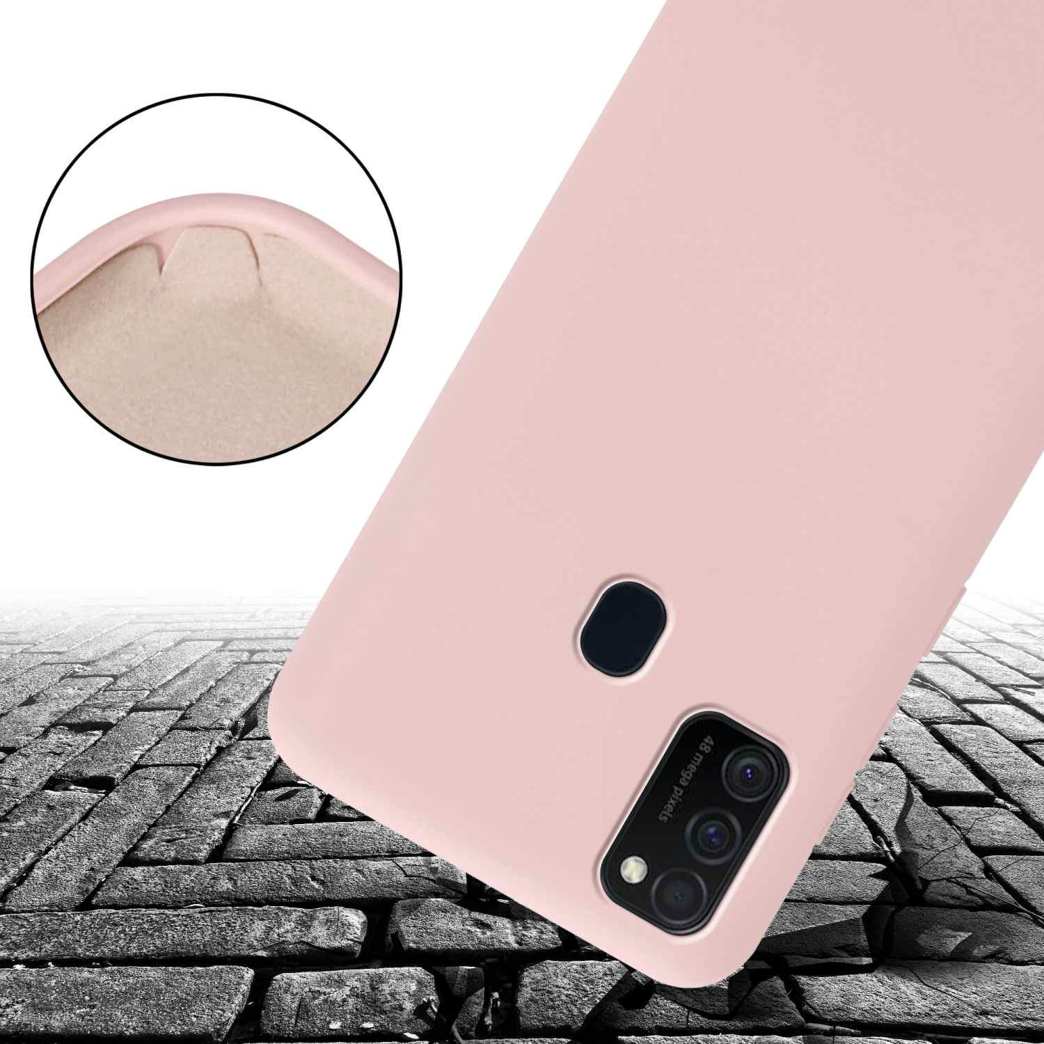 Custodia rosa per telefono con superficie rosa e motivo a mattoni su una superficie.