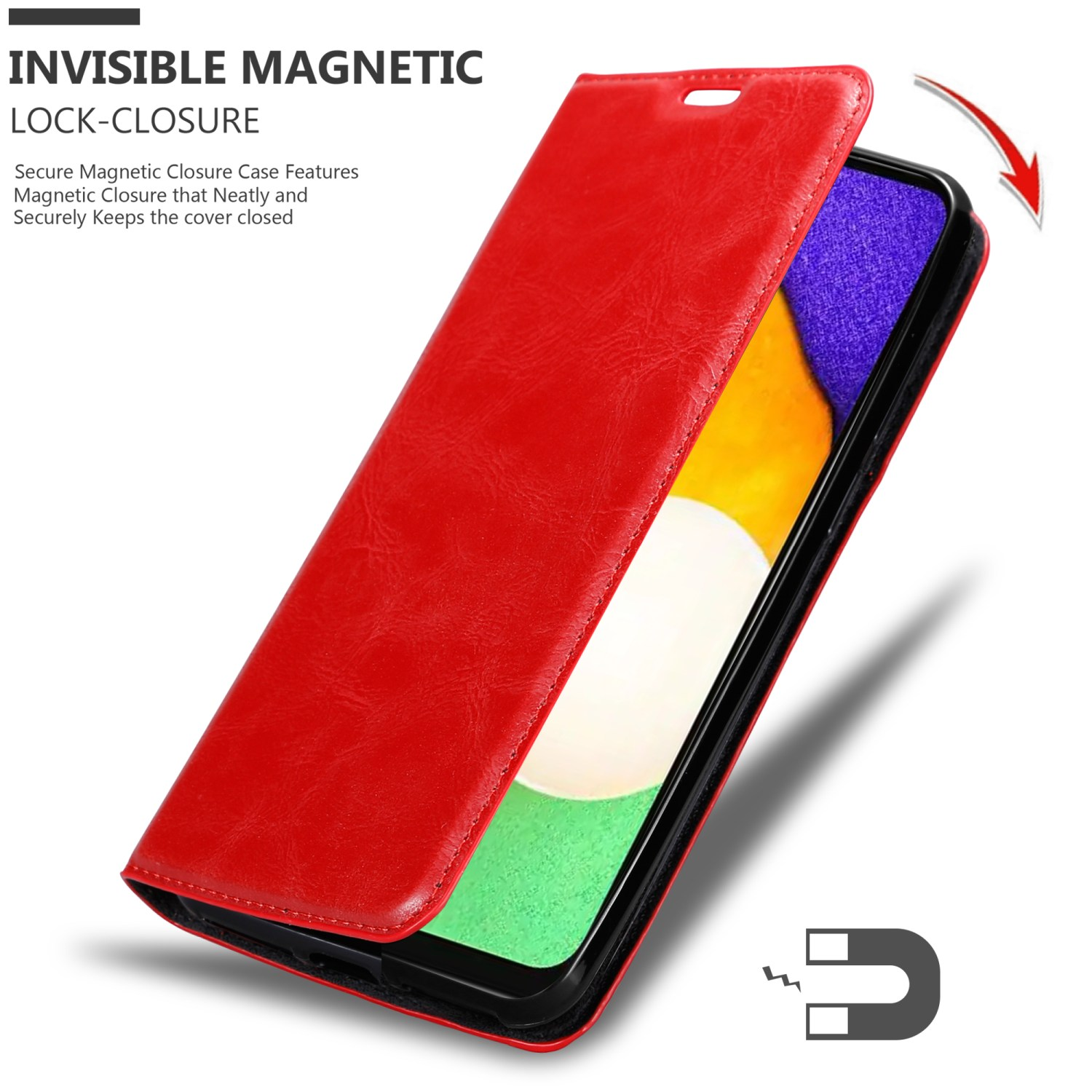 Una custodia rossa per telefono è aperta, mostrando il telefono all'interno. Viene mostrata una chiusura magnetica con testo.