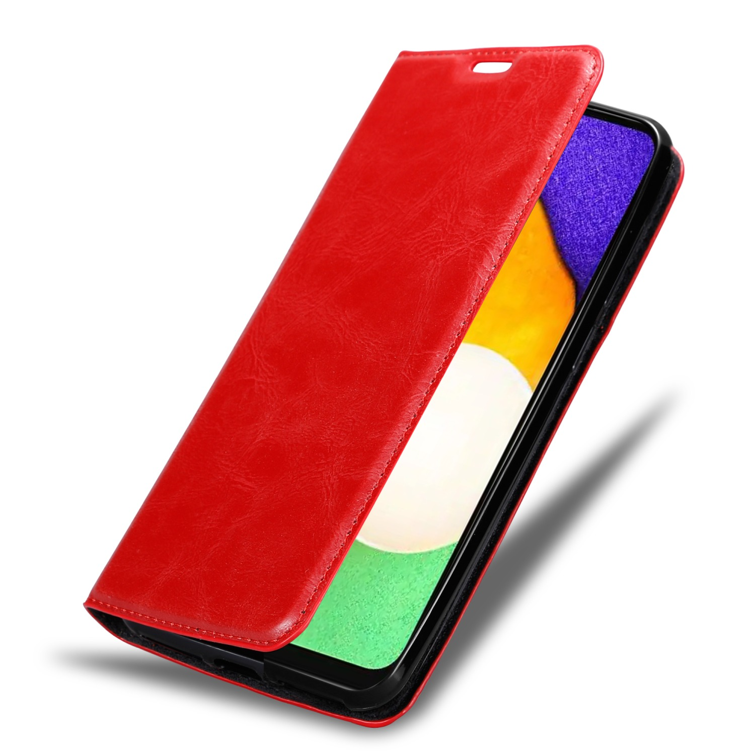 Custodia rossa aperta, che mostra lo schermo del telefono. La custodia è in pelle.