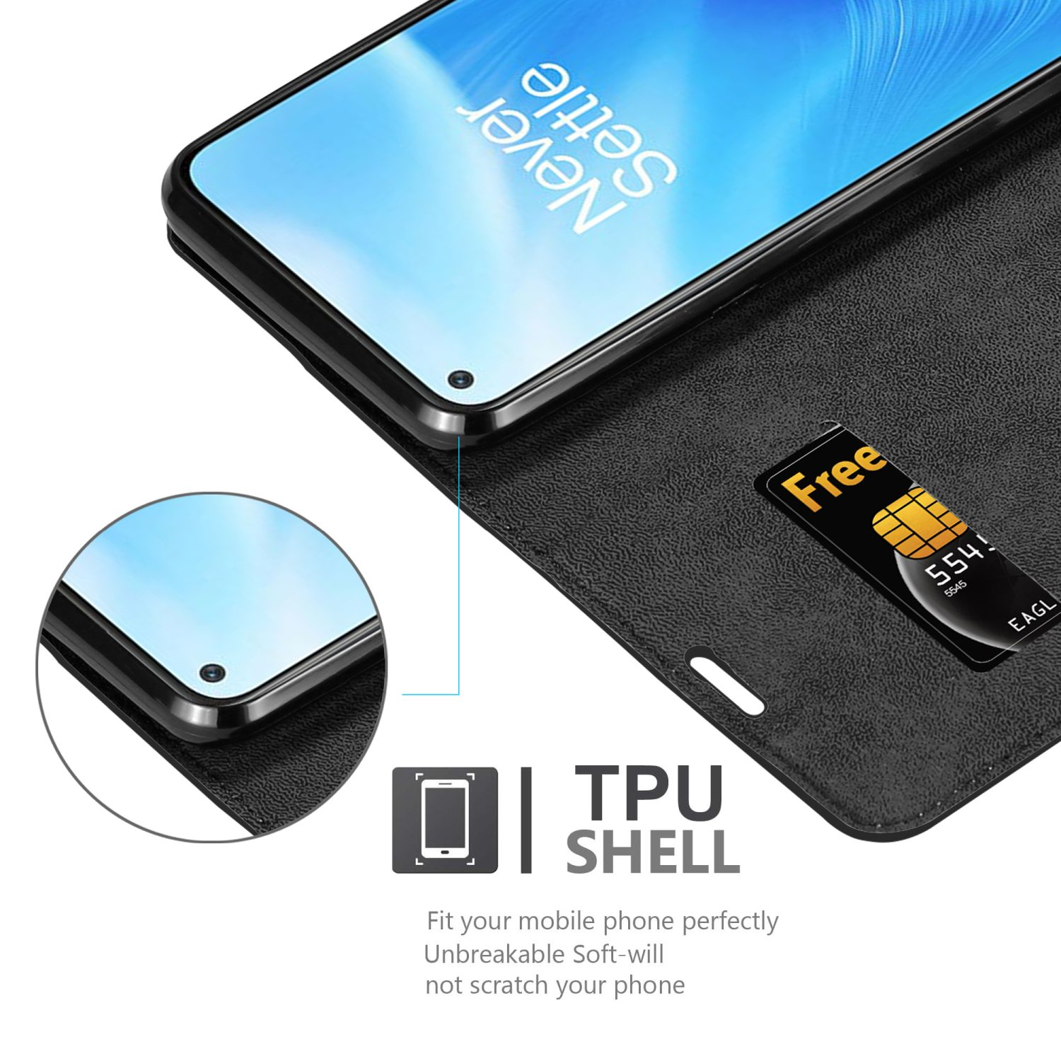 Custodia a portafoglio nera aperta con telefono all'interno. Testo: TPU SHELL. Scheda SIM gratuita visibile.
