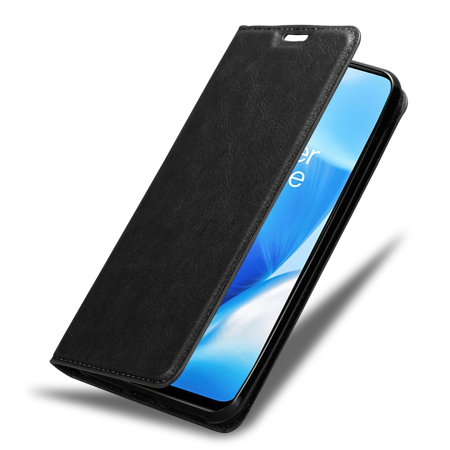 Eine schwarze Handyhülle ist geöffnet und zeigt einen Telefonbildschirm. Die Hülle liegt auf weißem Untergrund.