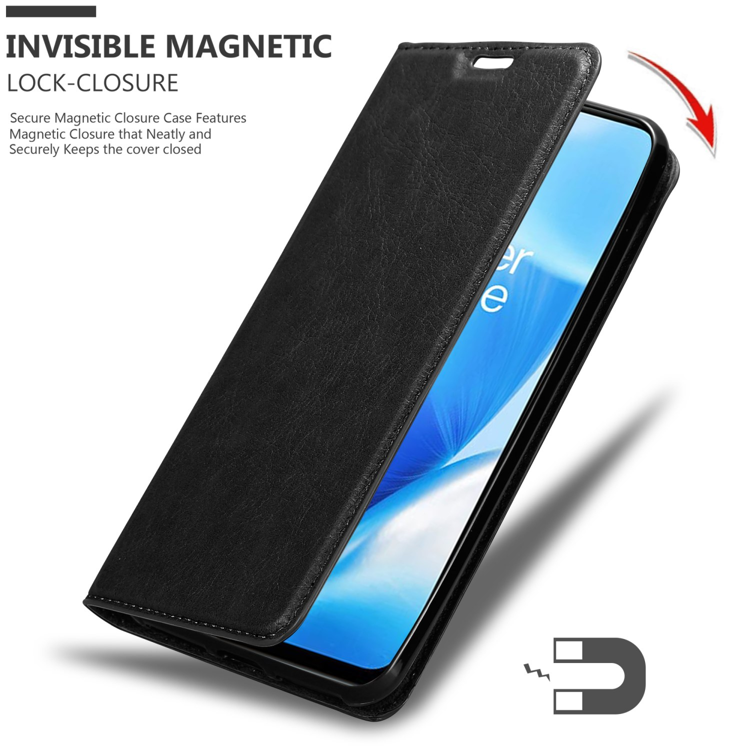 Custodia nera per telefono, aperta, con telefono all'interno. Testo: Chiusura magnetica invisibile.