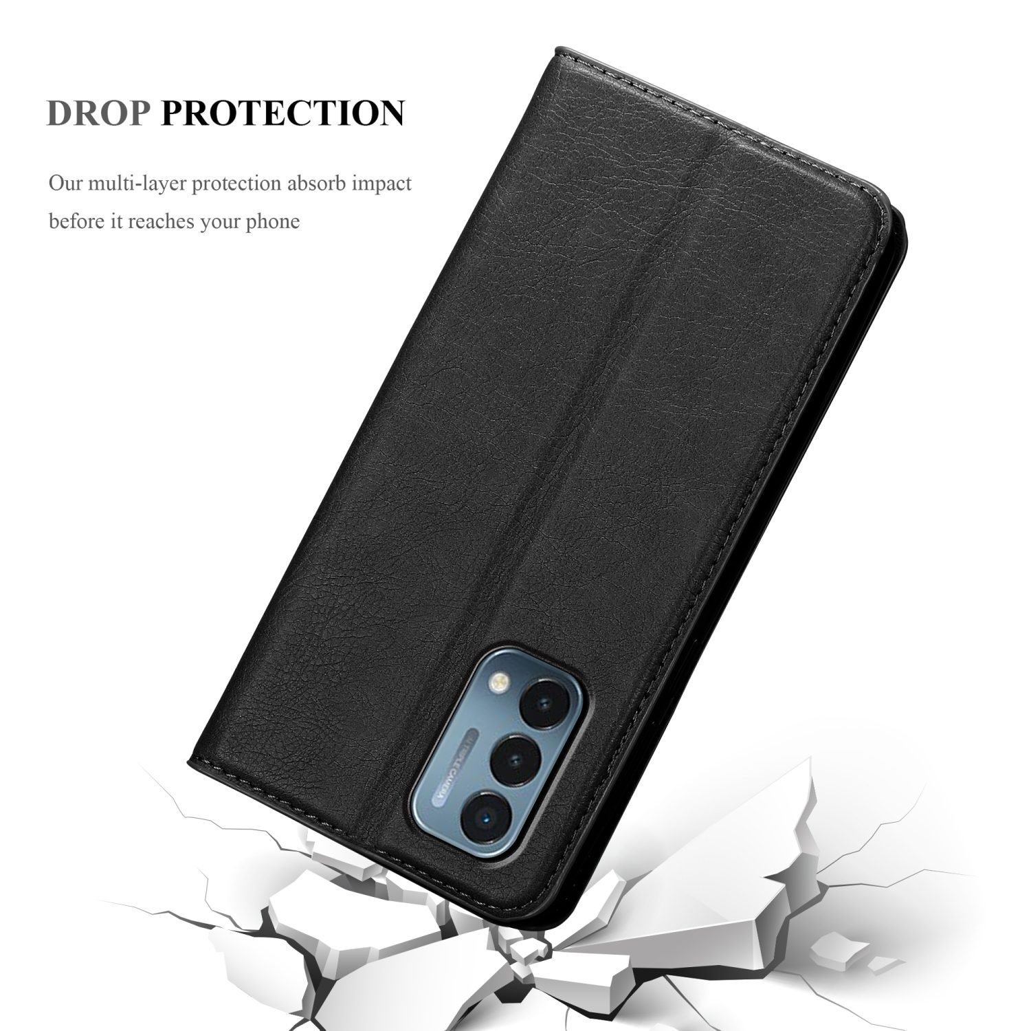 Custodia per telefono nera, aperta, che mostra un telefono. Il testo dice 'DROP PROTECTION'. Sfondo bianco con terreno rotto.