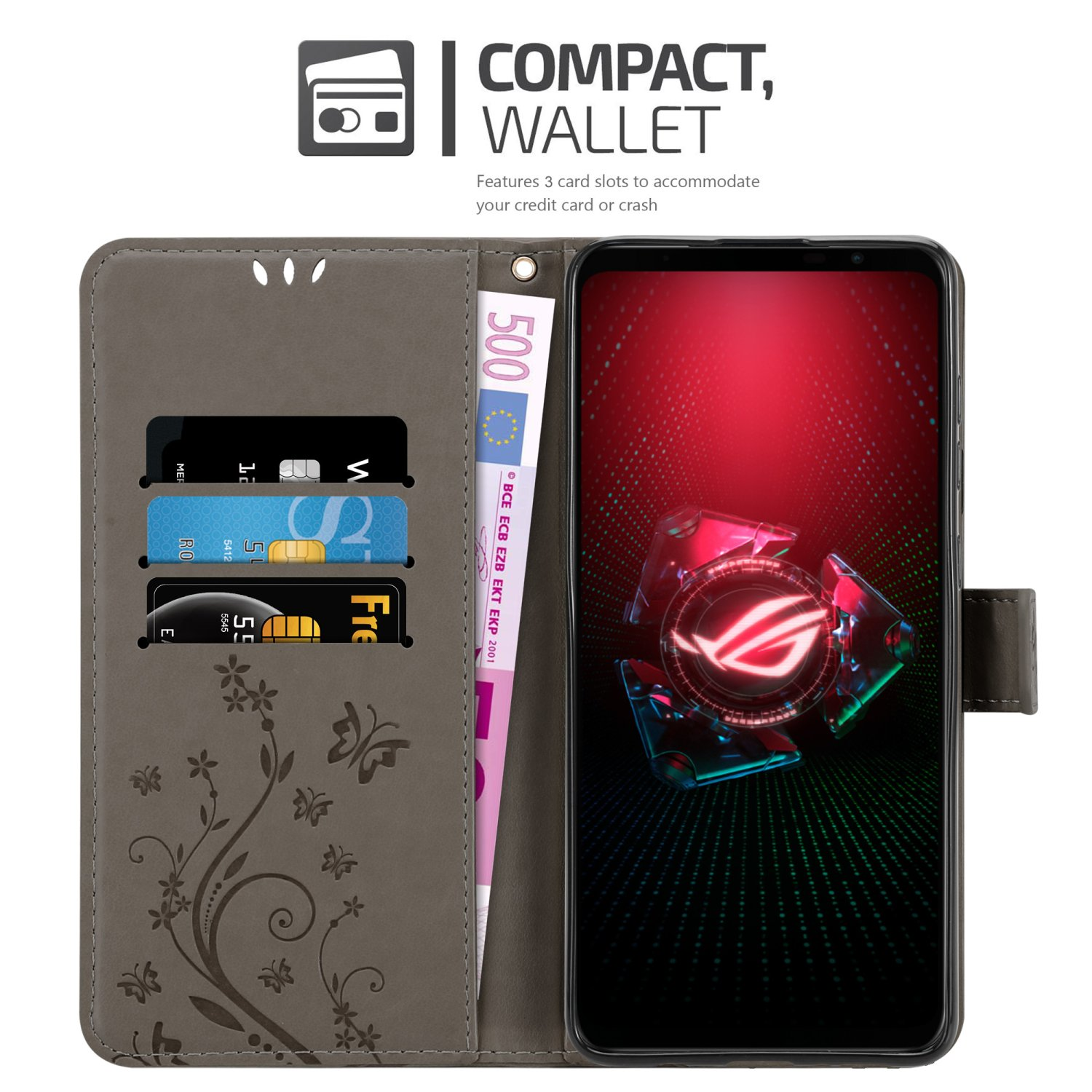 Custodia grigia aperta con telefono e carte all'interno. Design floreale sul davanti.