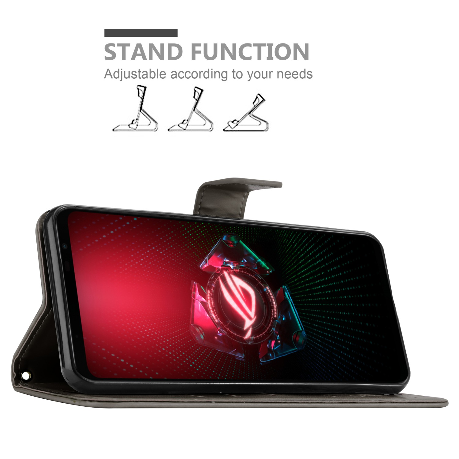Telefono in custodia grigia, aperto che mostra schermo con logo. Funzione stand mostrata.