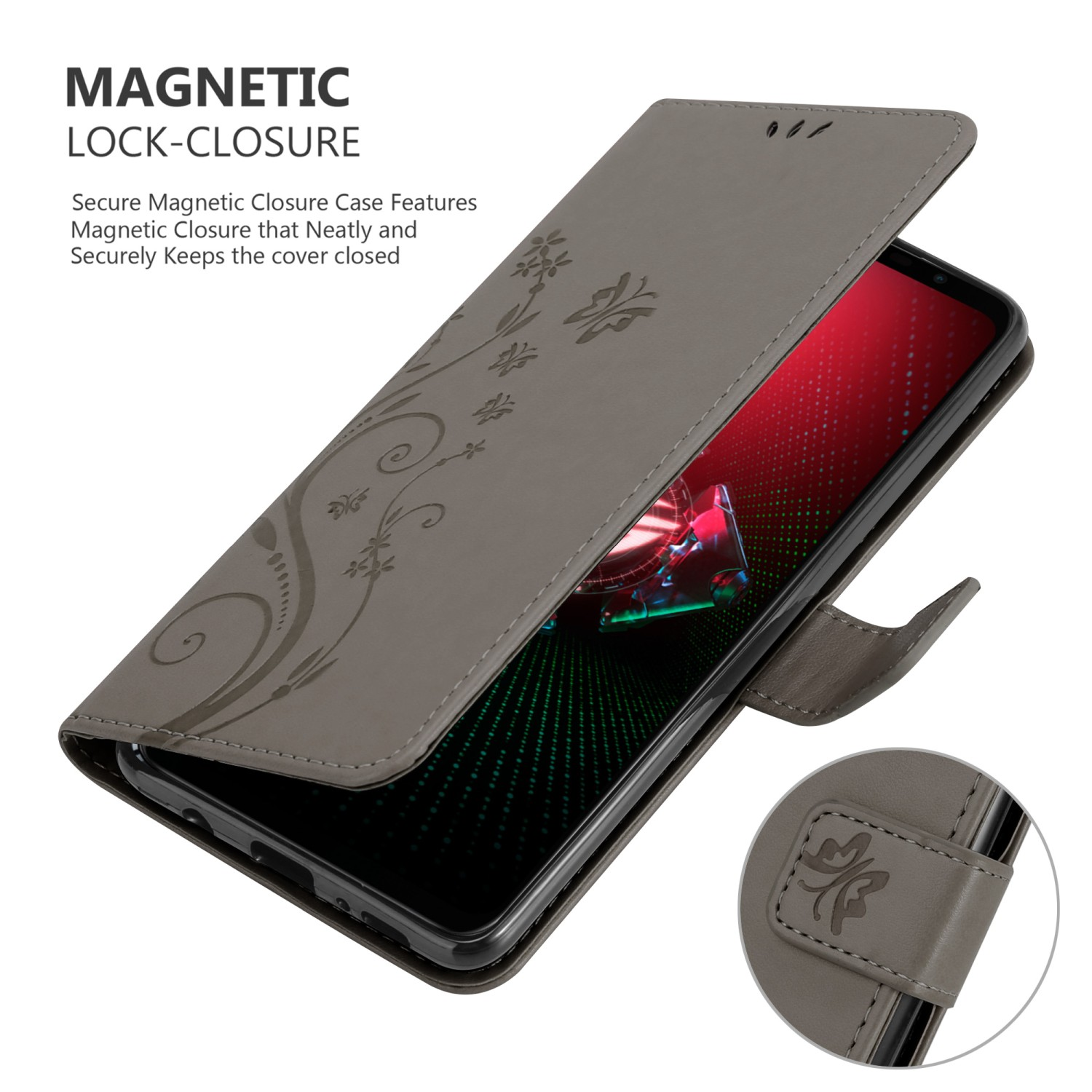 CADORABO Hülle Blumen Muster Flower ROG Case, FLORAL Phone Asus, 5, Bookcover, GRAU