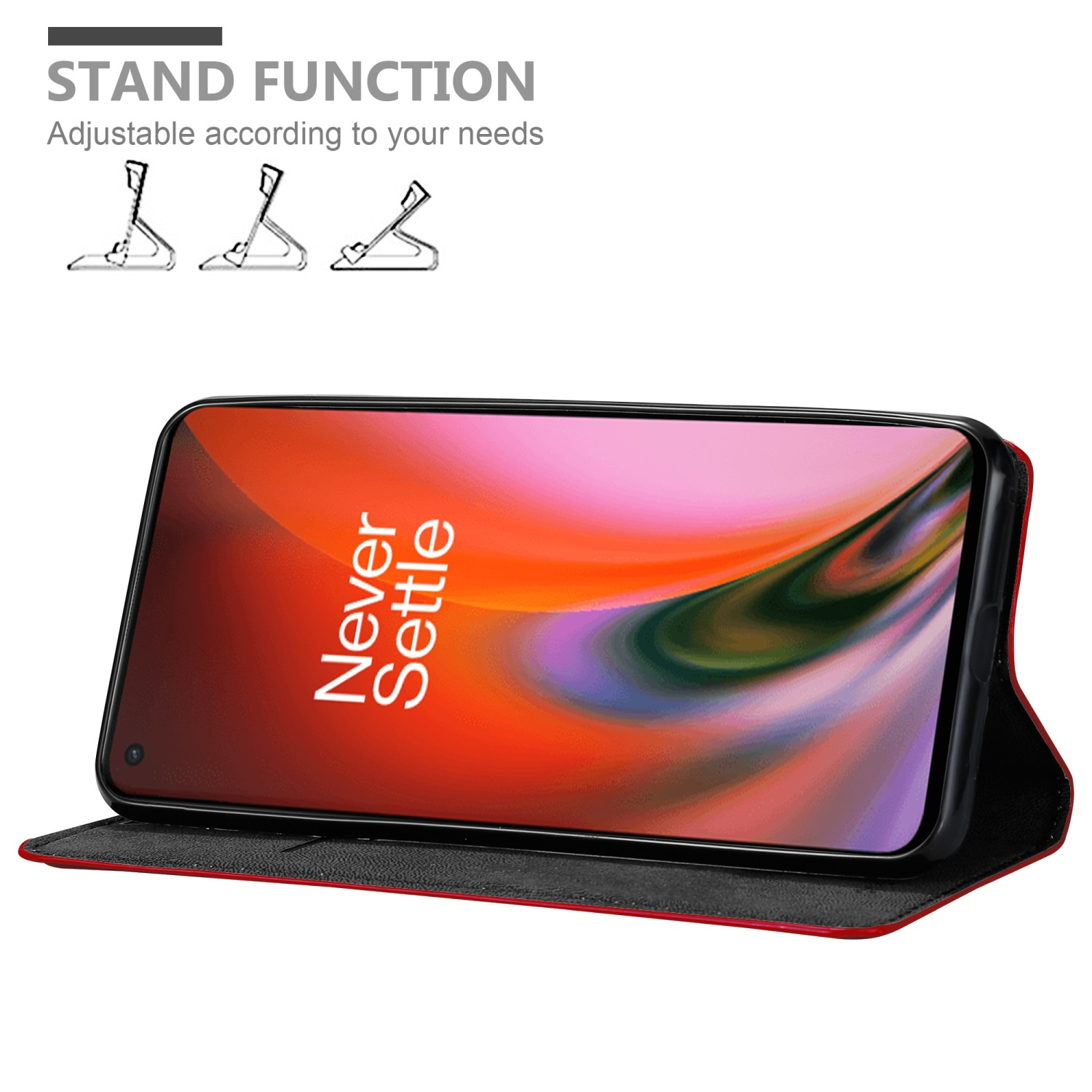 Telefono in custodia a portafoglio rossa, con funzione stand e angolazioni.