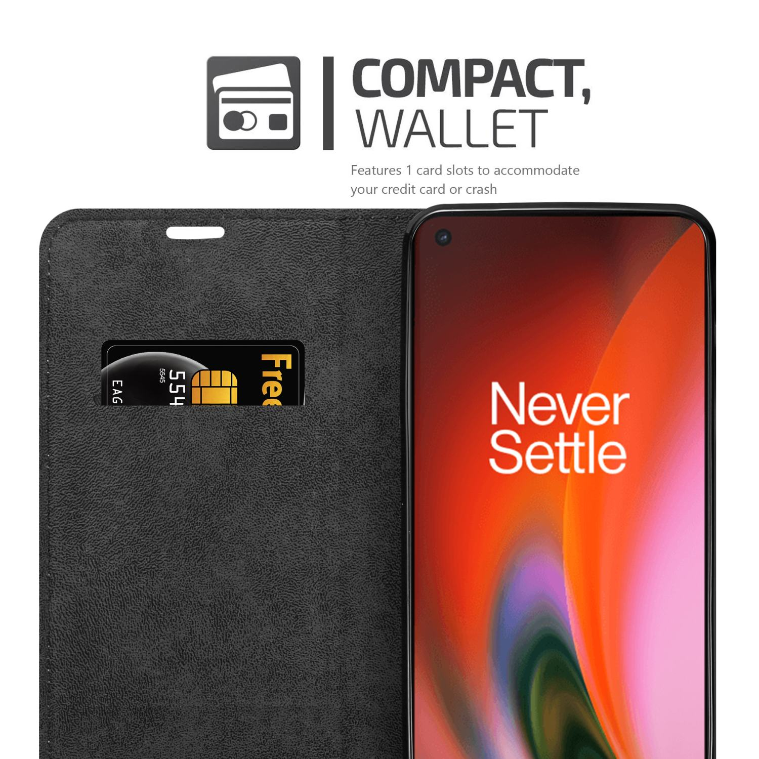 Portafoglio per custodia del telefono nero aperto, che rivela lo slot per la carta e lo schermo del telefono con il testo: Never Settle.