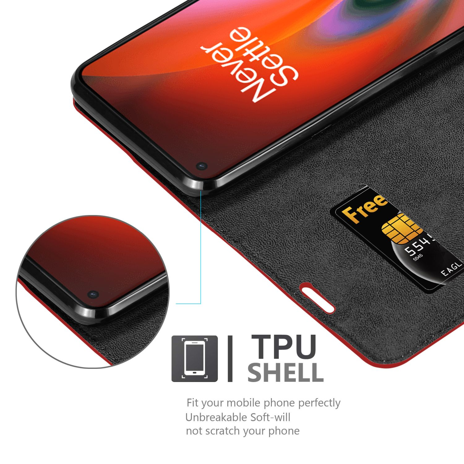 Custodia per telefono nera con un telefono all'interno. C'è una carta nello slot per schede e lo schermo del telefono è rosso.