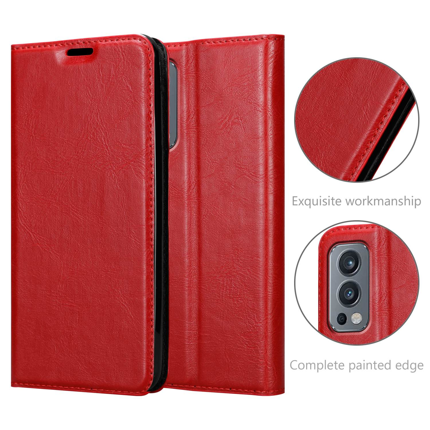 Custodia rossa per telefono, aperta, con telefono all'interno, con immagini di dettaglio.