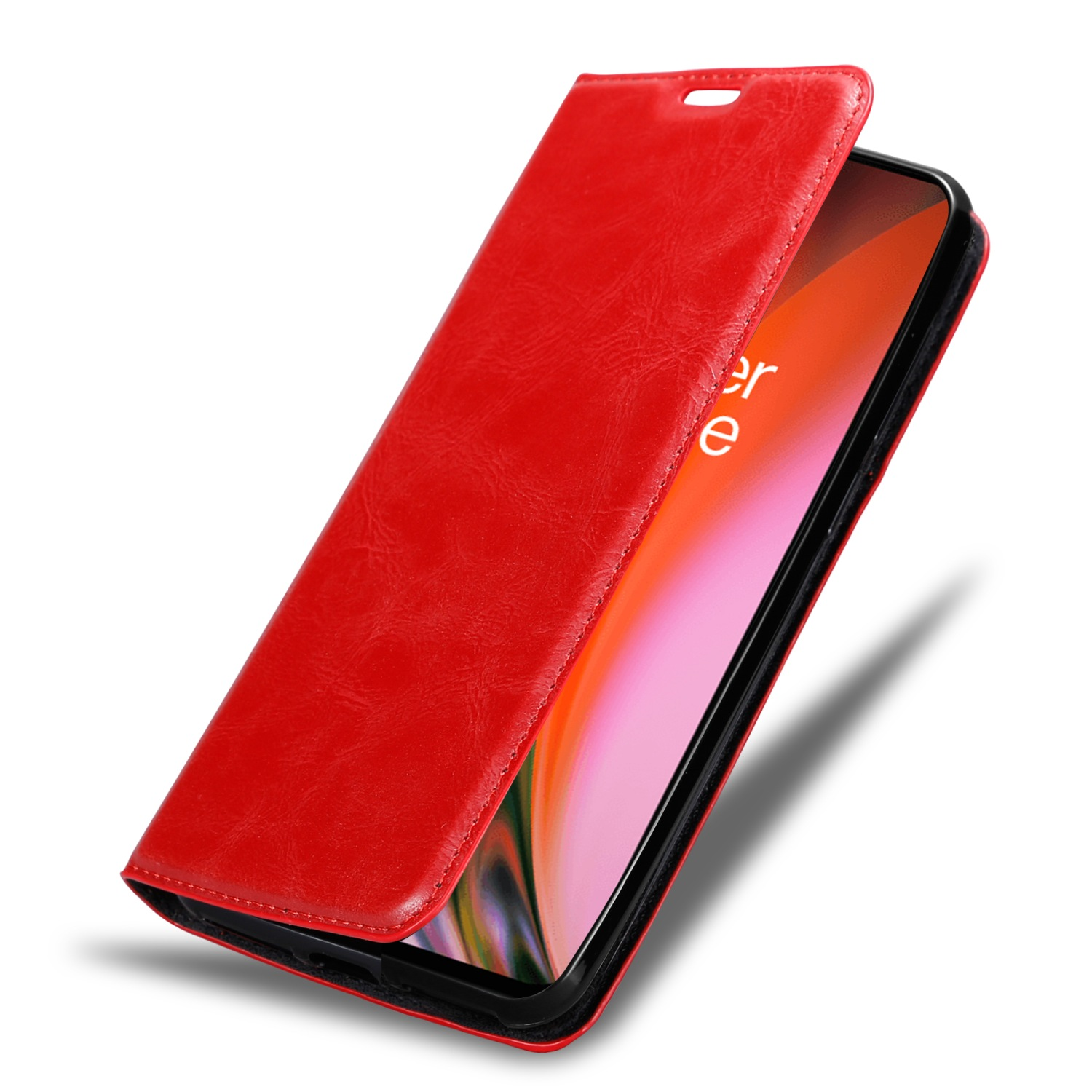 Rote Leder-Handyhülle, offen, mit Telefon sichtbar. Hülle ist offen, Telefon sichtbar.