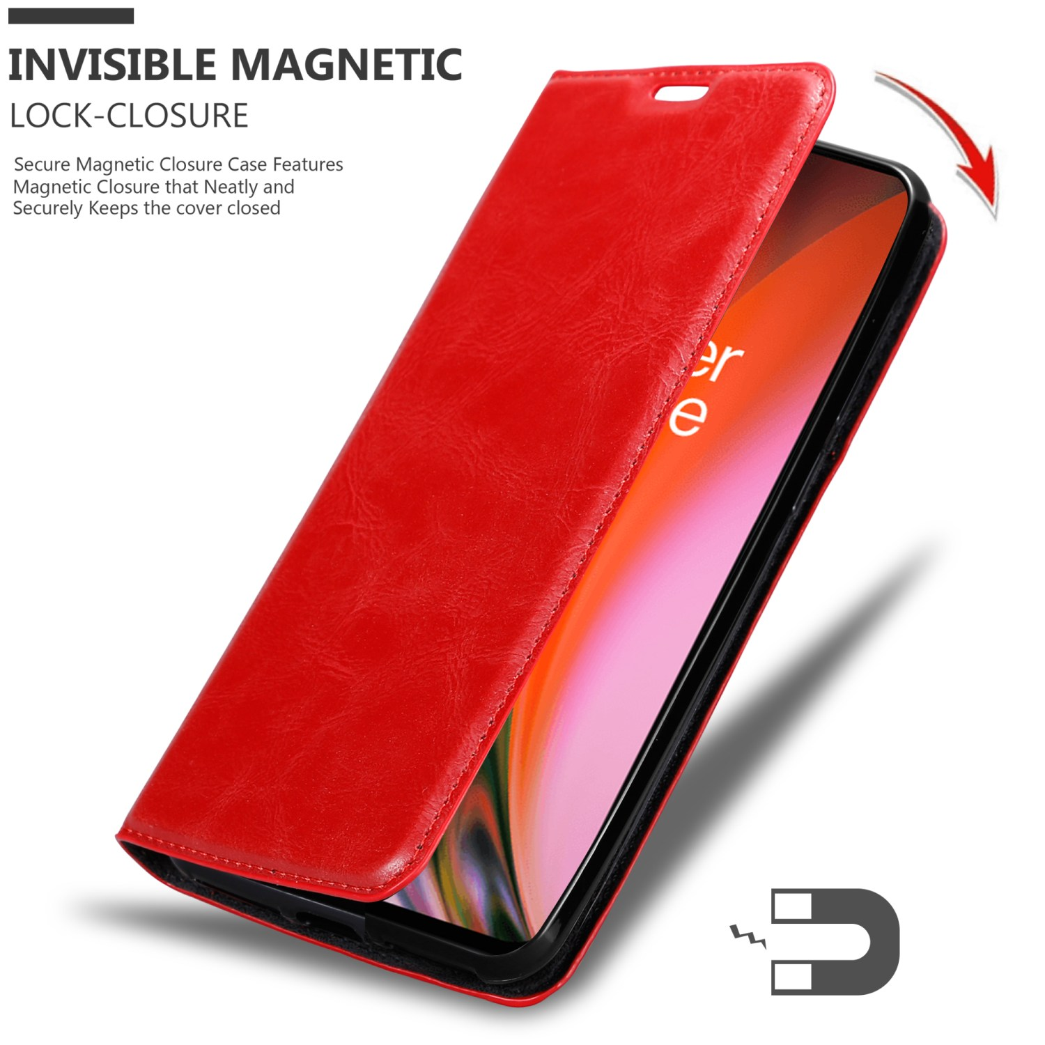 Custodia rossa per telefono chiusa con chiusura magnetica. Testo: 'Chiusura magnetica invisibile'. Telefono dentro.