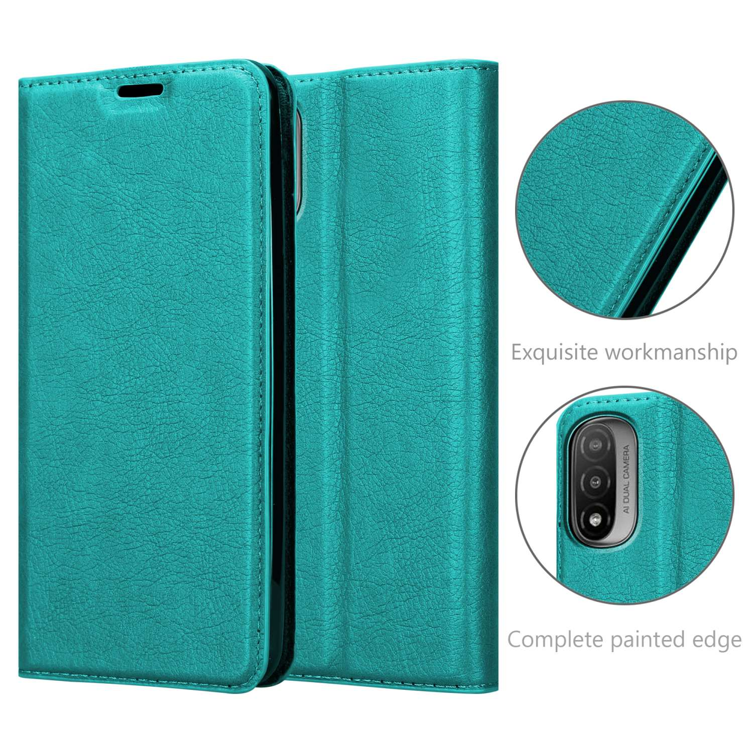 Custodia per telefono verde acqua, aperta e chiusa, con elementi di design.