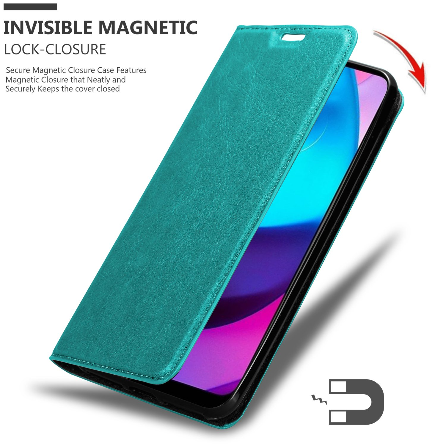Una custodia per telefono verde acqua si apre per rivelare il telefono. Viene mostrata una chiusura magnetica. Lo sfondo è bianco.