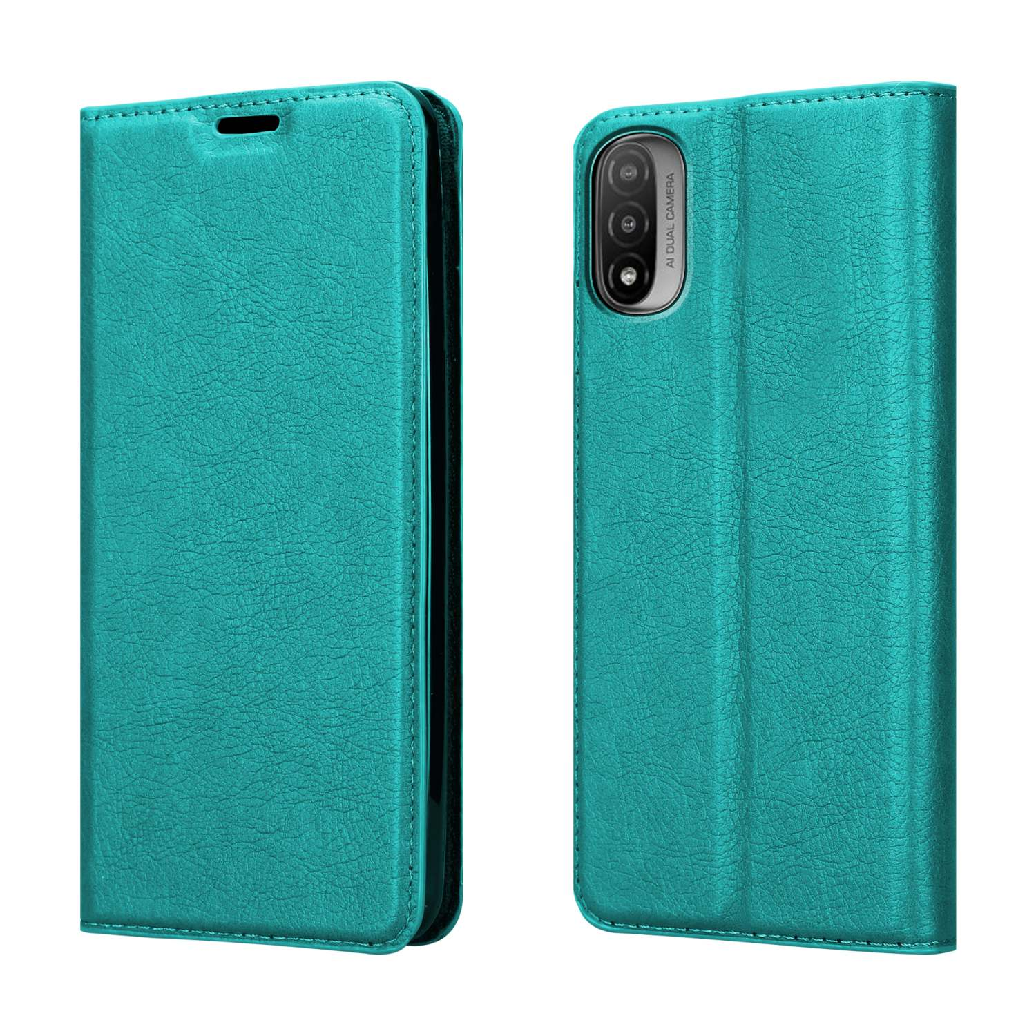 Custodia per telefono verde acqua, aperta e chiusa, mostra il telefono. La custodia ha un ritaglio per la fotocamera.