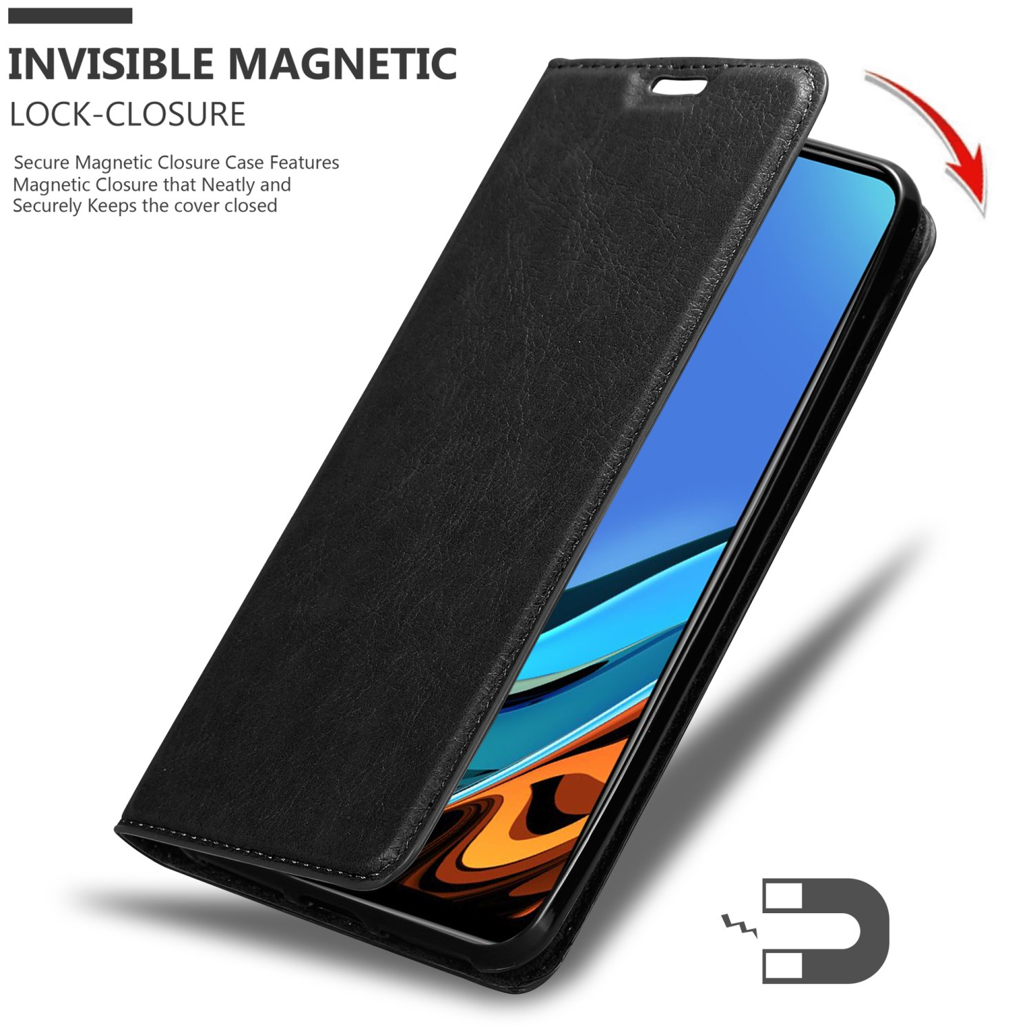 Una custodia per telefono nera aperta. Testo: Chiusura magnetica invisibile. La chiusura magnetica sicura mantiene la cover chiusa.