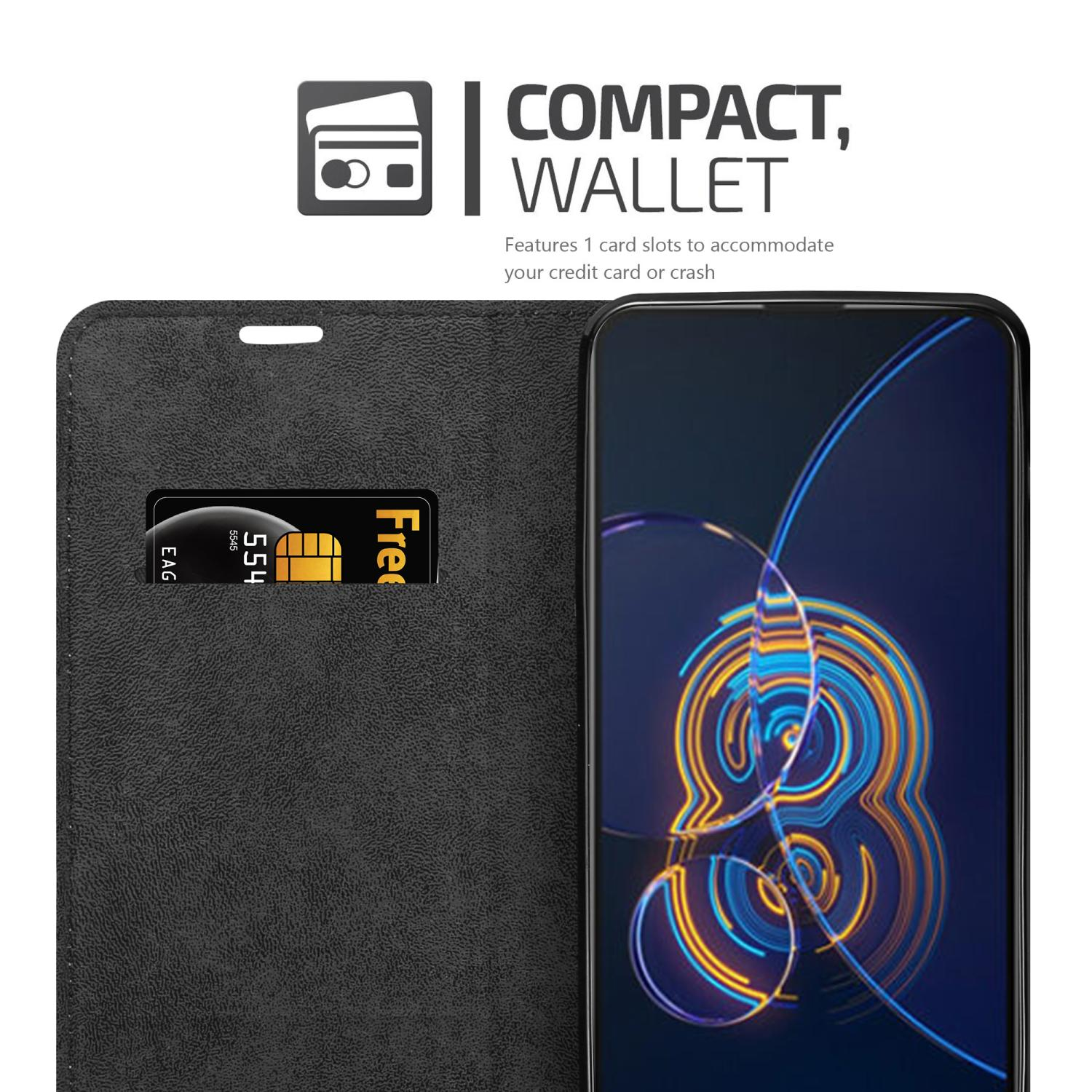 Schwarze Handyhülle mit Kartenfach und Telefon mit blau-gelbem Design.