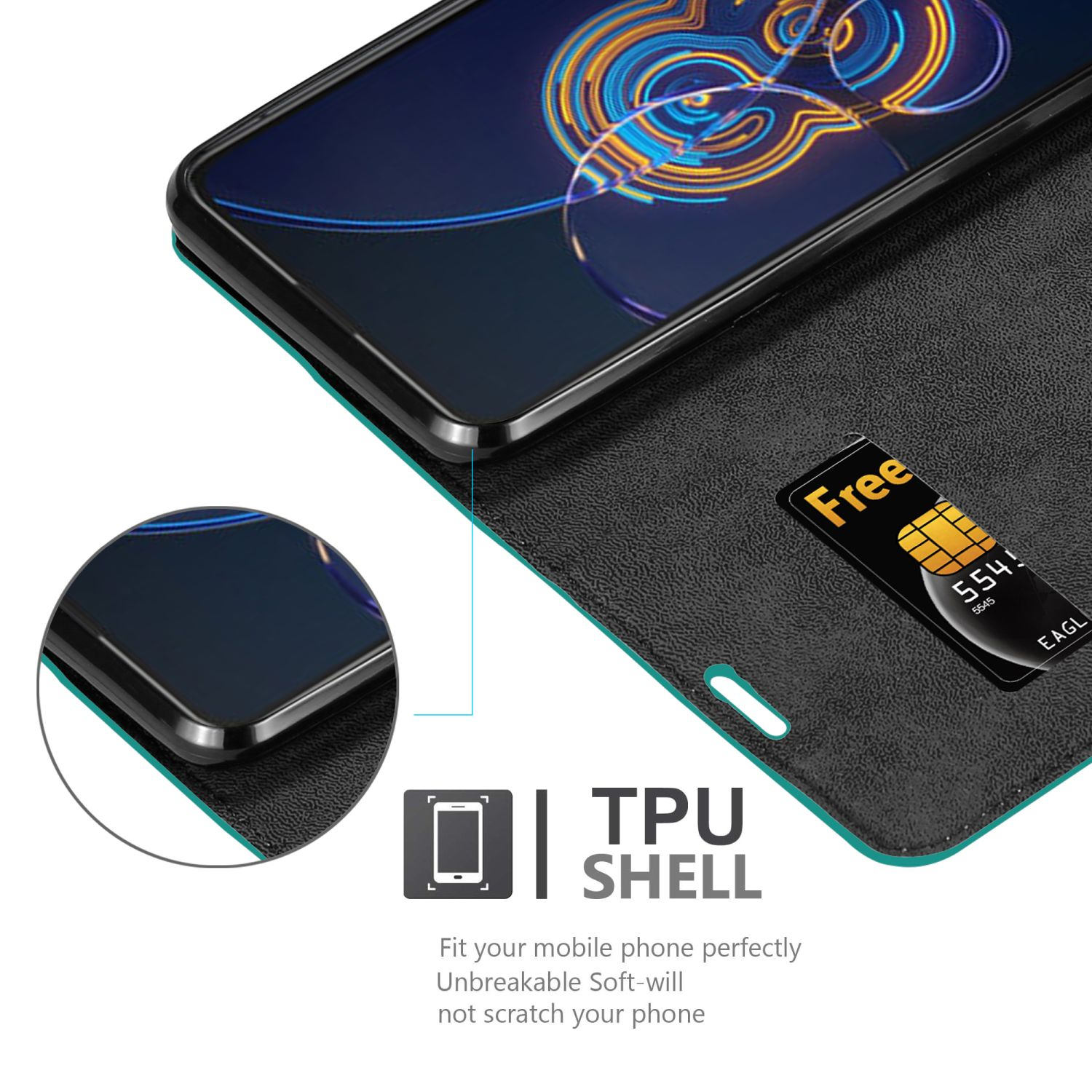 Telefon in einer TPU-Schalenhülle. Hülle ist geöffnet, zeigt den Bildschirm. Weißer Hintergrund.