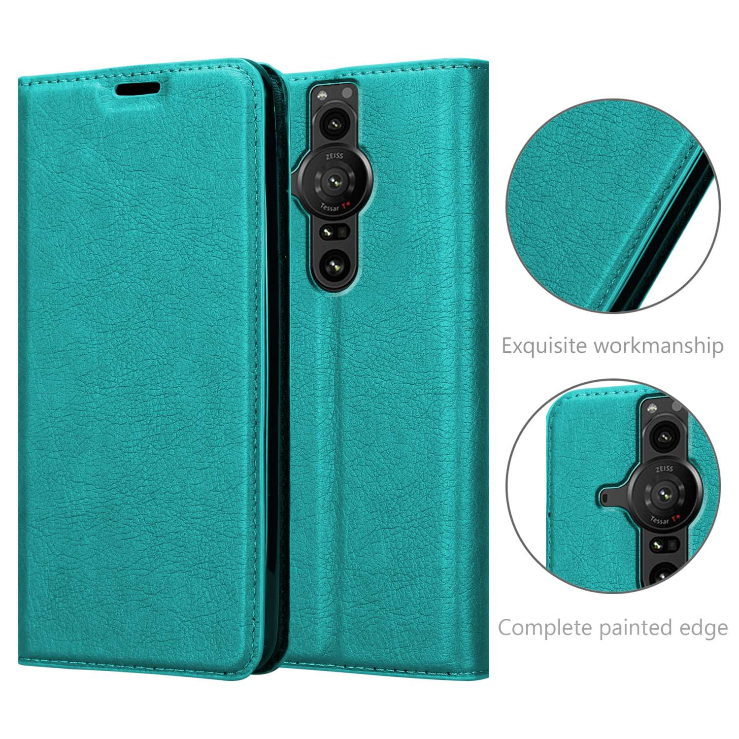 Custodia per telefono verde acqua, aperta, che rivela il telefono. Dettagli della fotocamera e bordi.