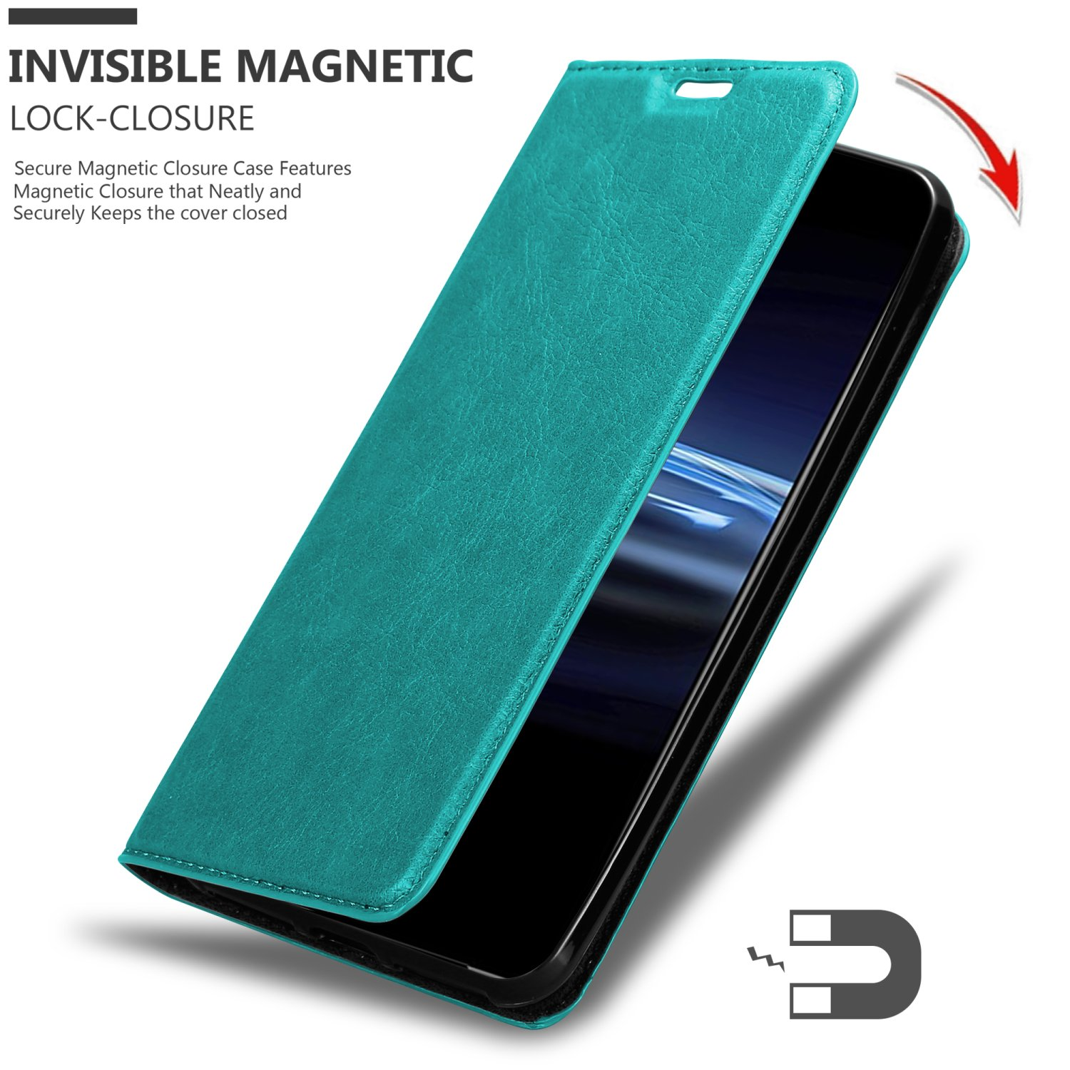 Custodia per telefono verde acqua, aperta, con telefono all'interno e un magnete.