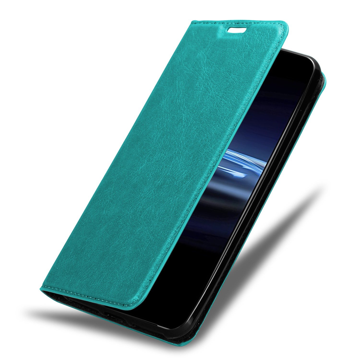 Una custodia per telefono verde acqua è aperta. Il telefono è dentro, con lo schermo visibile. La custodia sembra essere in pelle.