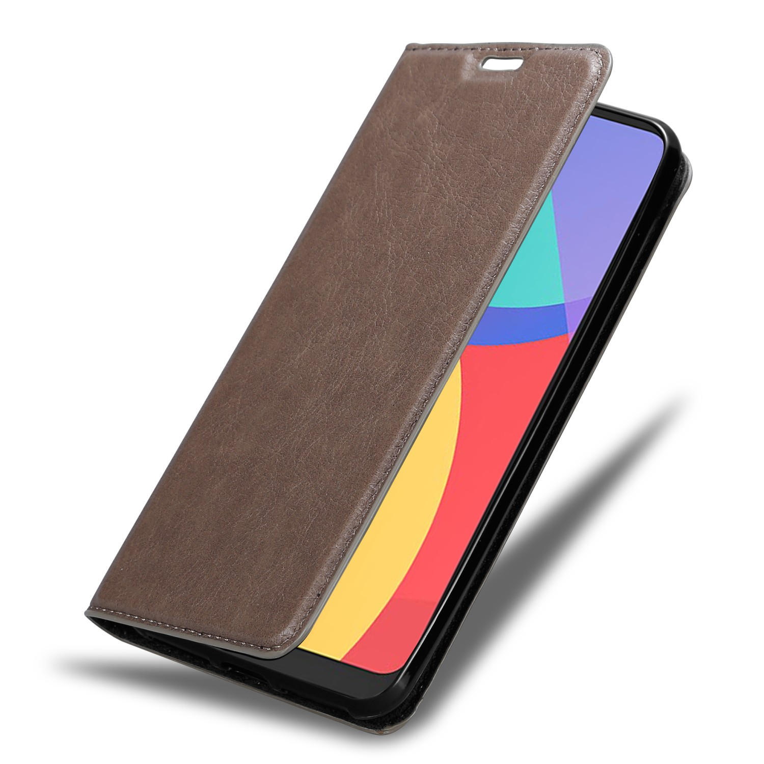 Eine offene braune Leder-Handyhülle, die ein Smartphone mit farbenfrohem Bildschirm zeigt.