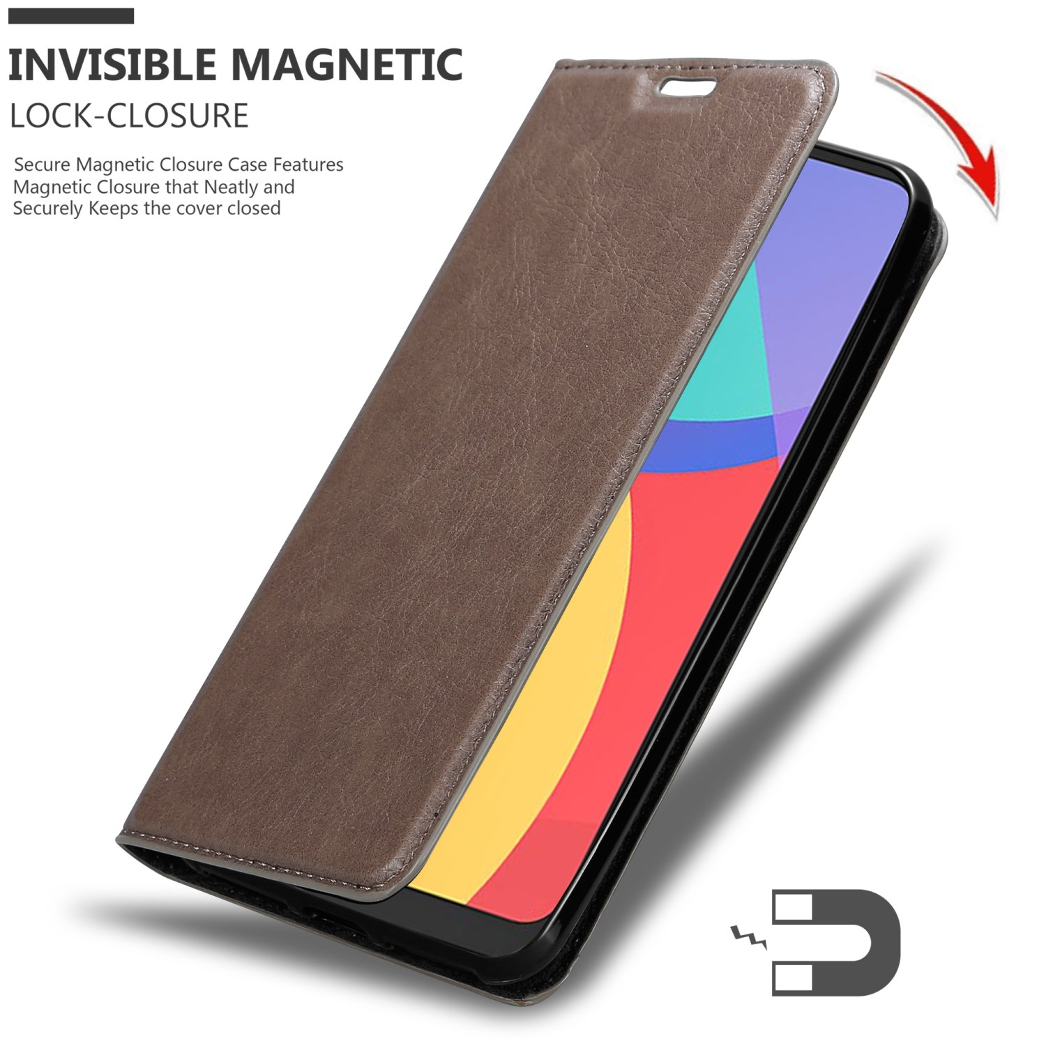 Custodia marrone con telefono dentro, aperta. Dettaglio chiusura magnetica. Magnete mostrato.