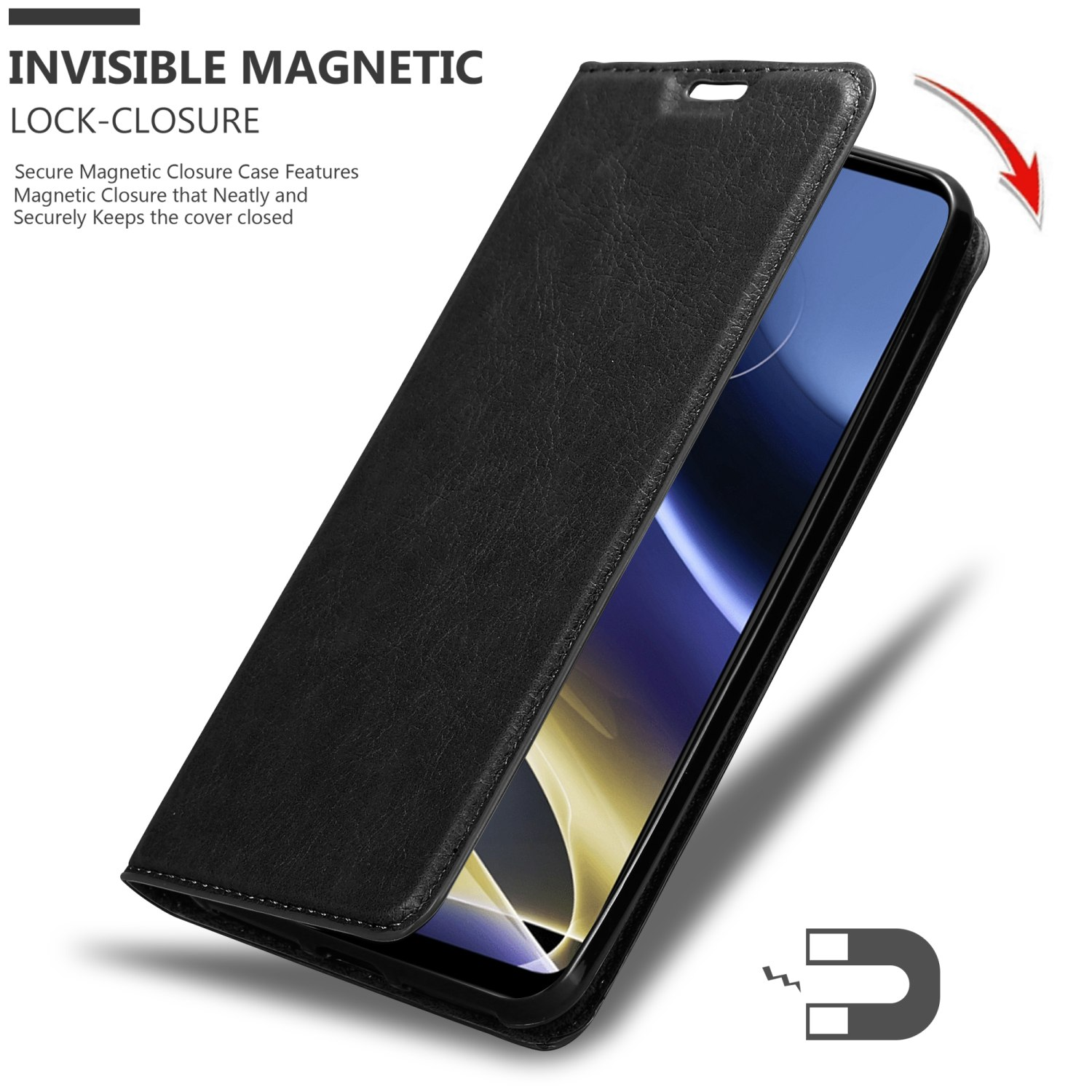 Custodia nera per telefono con chiusura magnetica. La custodia si apre per mostrare un telefono all'interno. Icona magnete visibile.