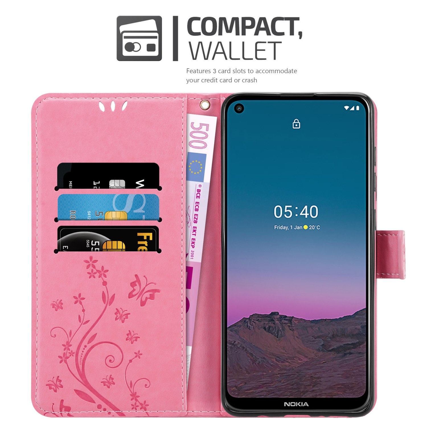 Custodia rosa aperta, rivelando carte e denaro. Telefono con orologio e data visibili.