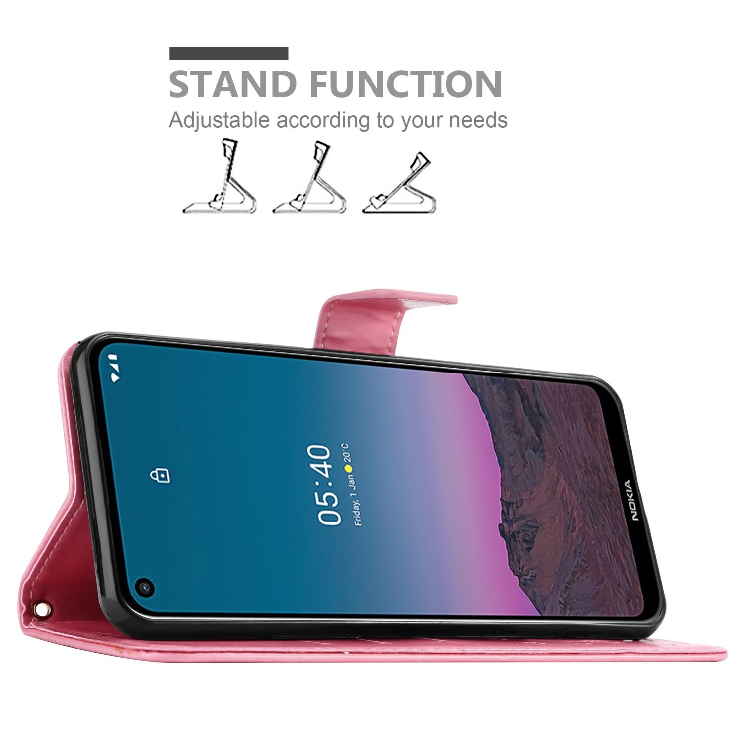 Una custodia per telefono rosa con un telefono all'interno. Il telefono mostra l'ora. La funzione stand è menzionata in alto.