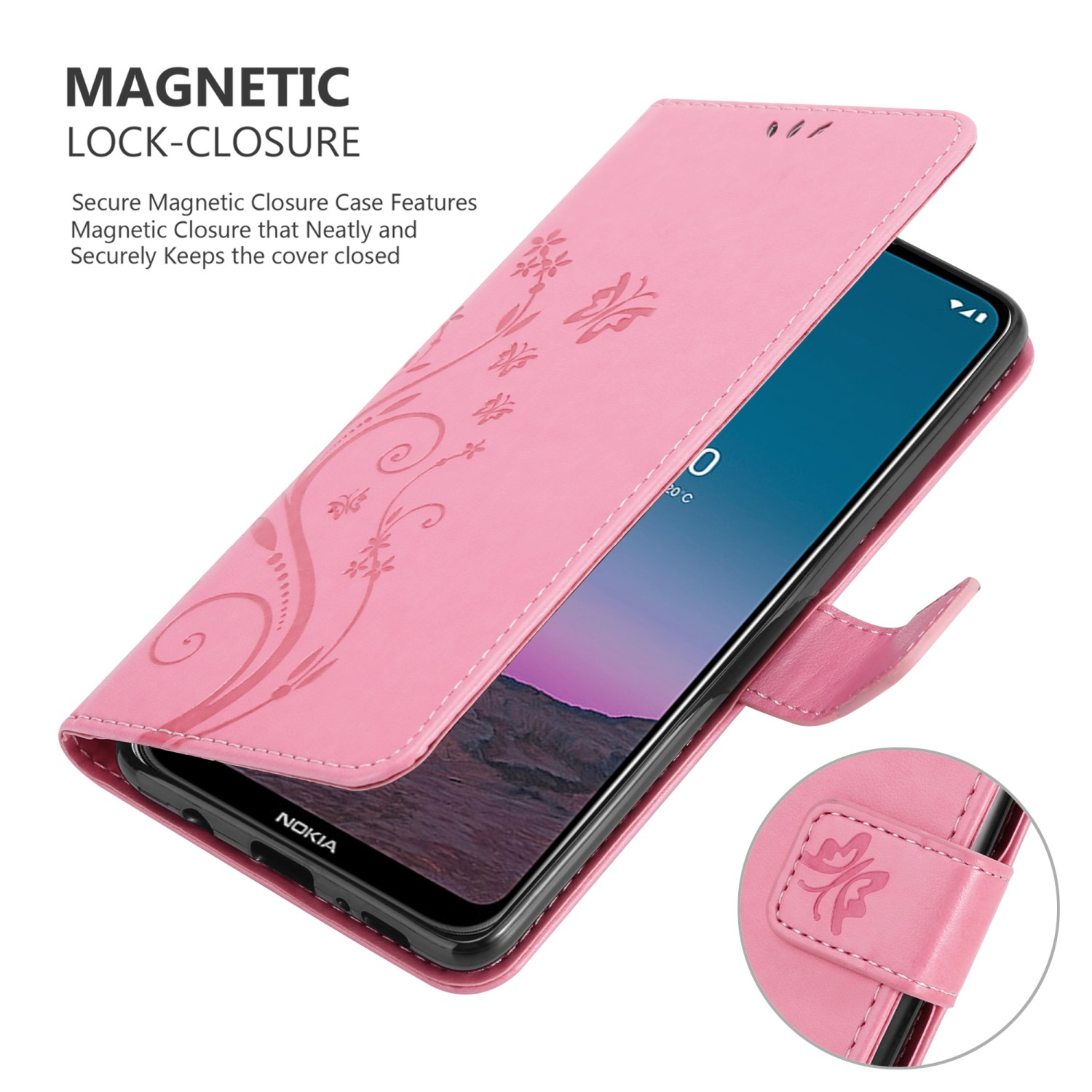 Custodia per telefono rosa con design floreale, aperta con telefono all'interno. Chiusura magnetica.