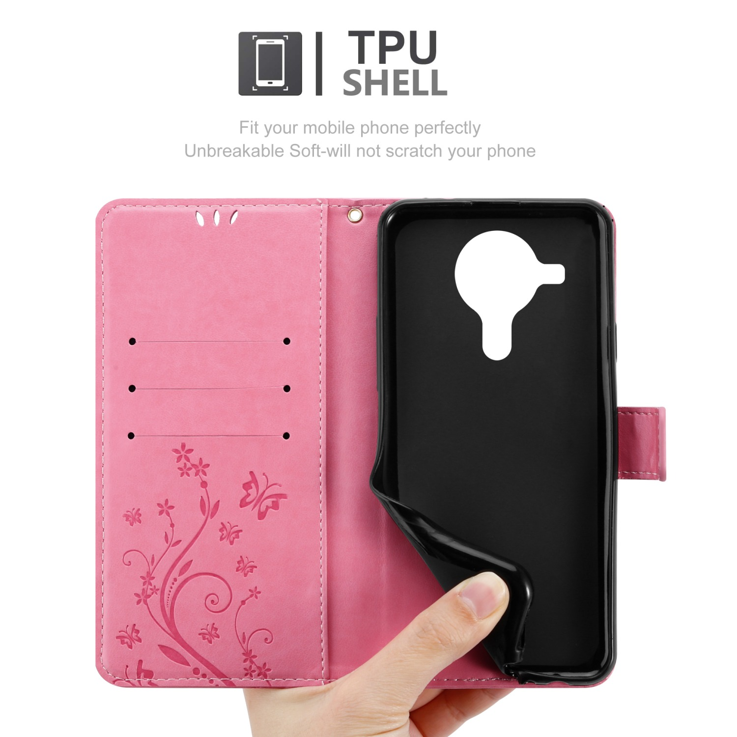 Custodia del telefono rosa, aperta. Telefono all'interno. Design floreale, mano che tiene. Guscio in TPU.