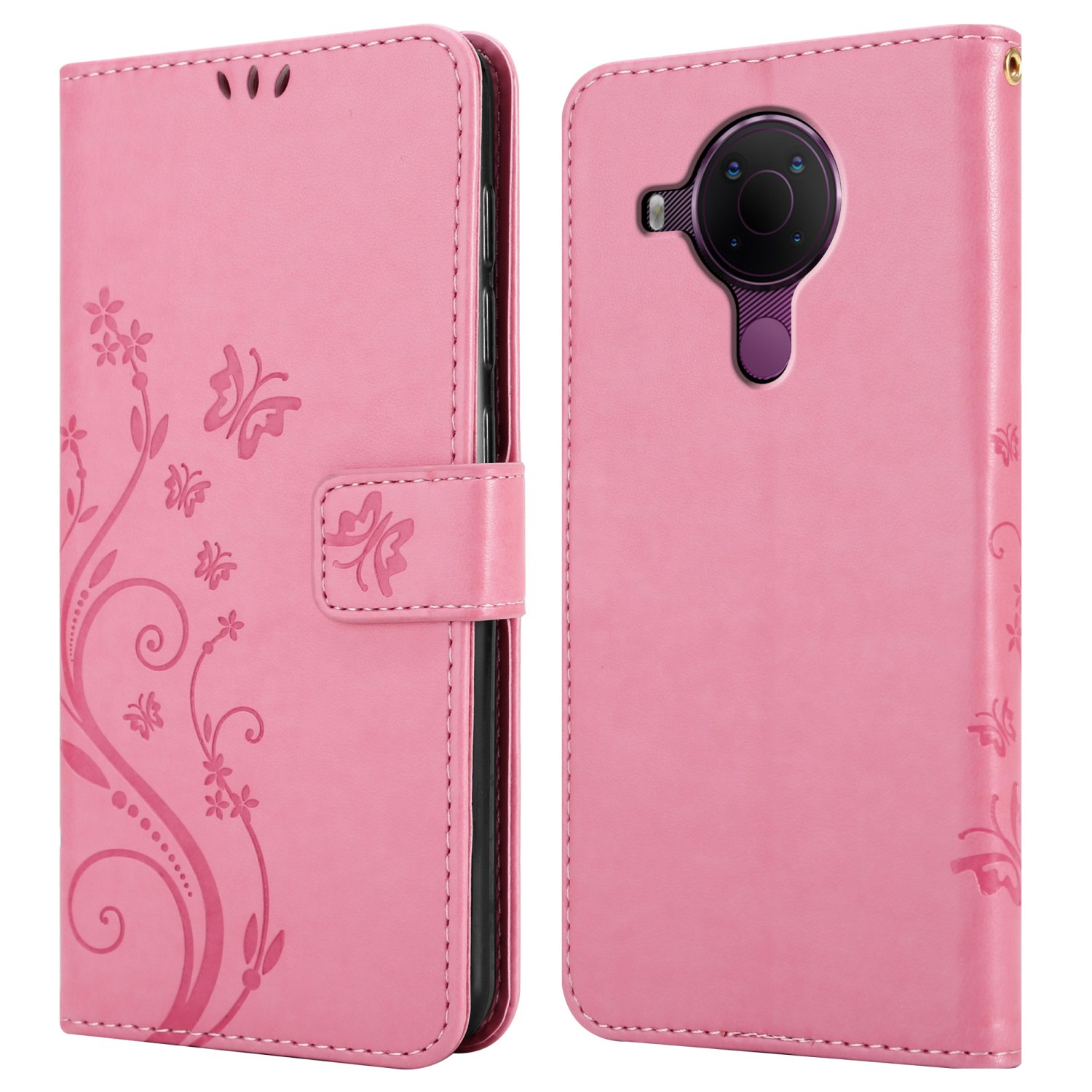 Custodia per telefono rosa con design floreale, aperta e chiusa. La custodia ha un motivo floreale ed è chiusa.