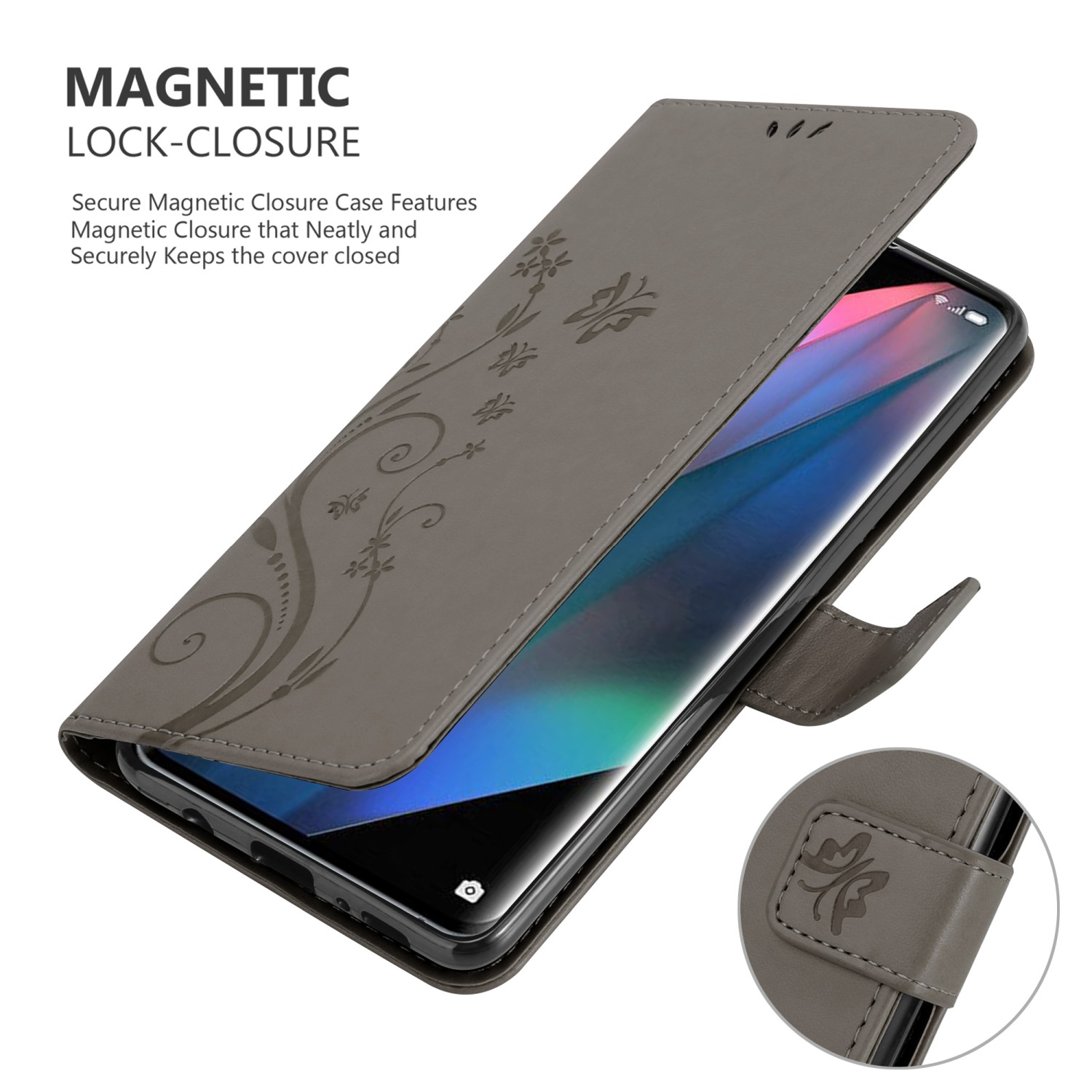 Una custodia per telefono con un design floreale, aperta, che mostra lo schermo del telefono. Custodia grigia.