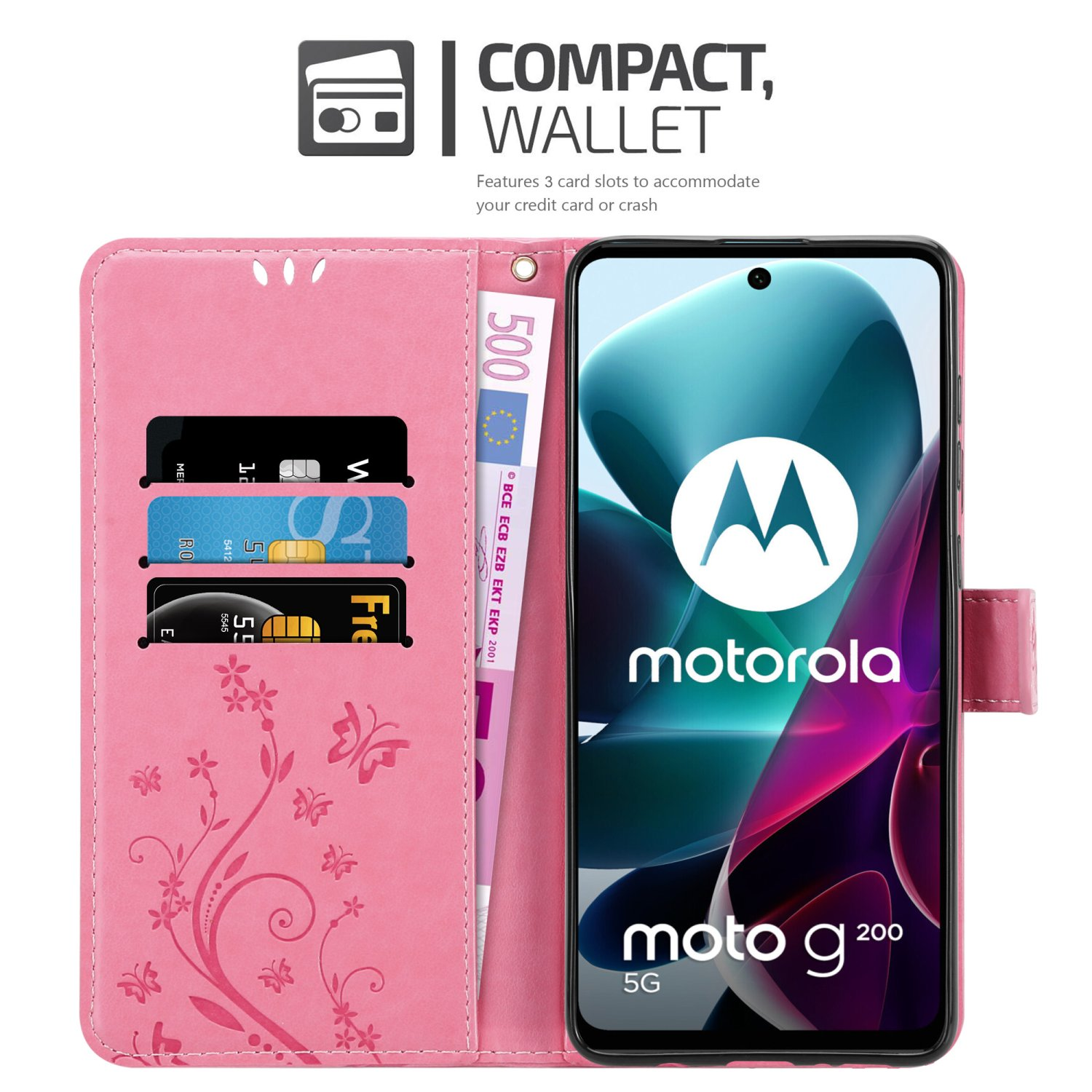 Custodia rosa, aperta, con carte e denaro all'interno. Il telefono mostra il logo Motorola.