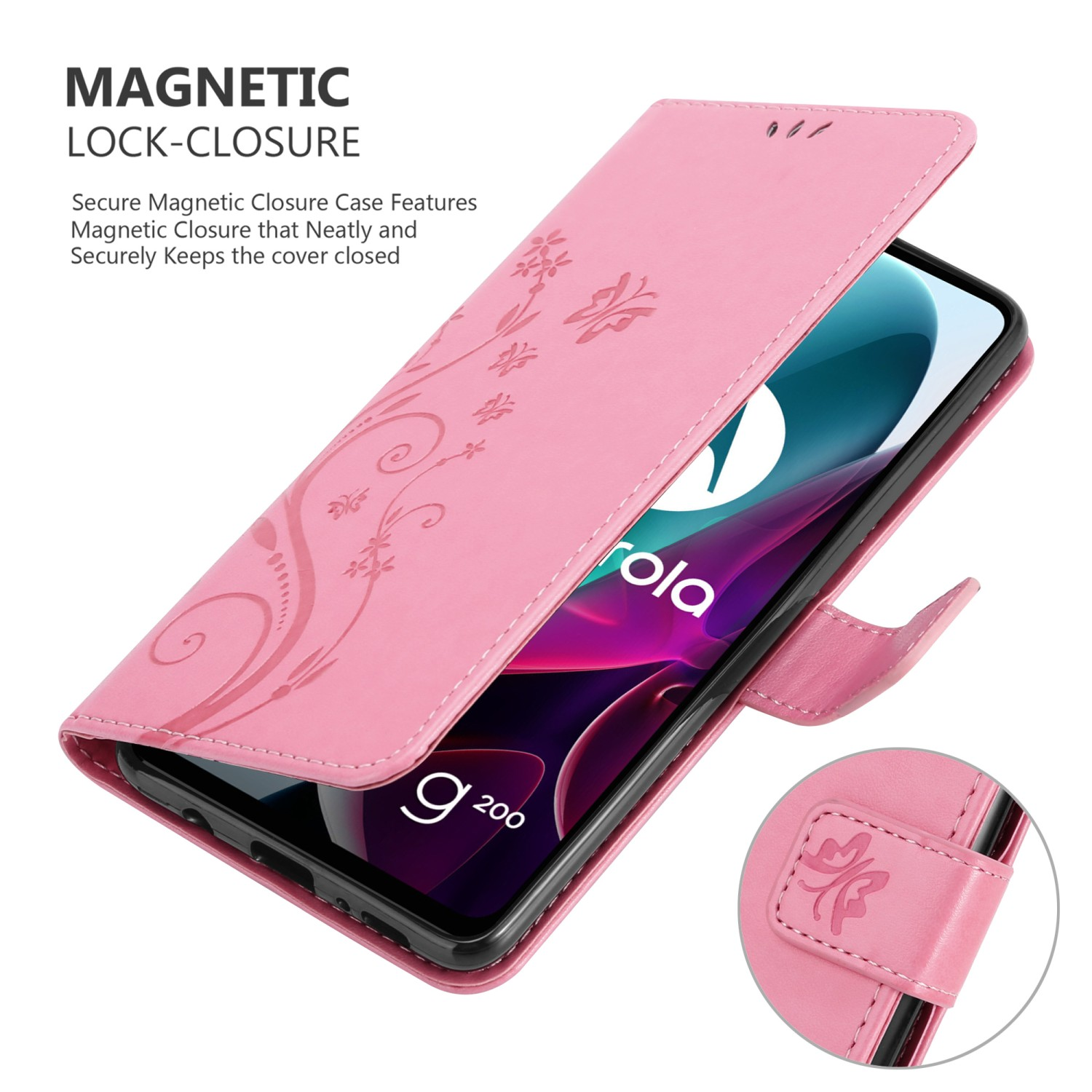 Custodia per telefono rosa aperta, con telefono all'interno. Design floreale e farfalle sulla custodia. Sfondo bianco.