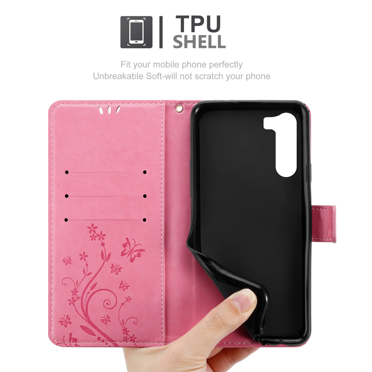 Una custodia per telefono rosa che si apre. La custodia ha un design floreale e un telefono all'interno.