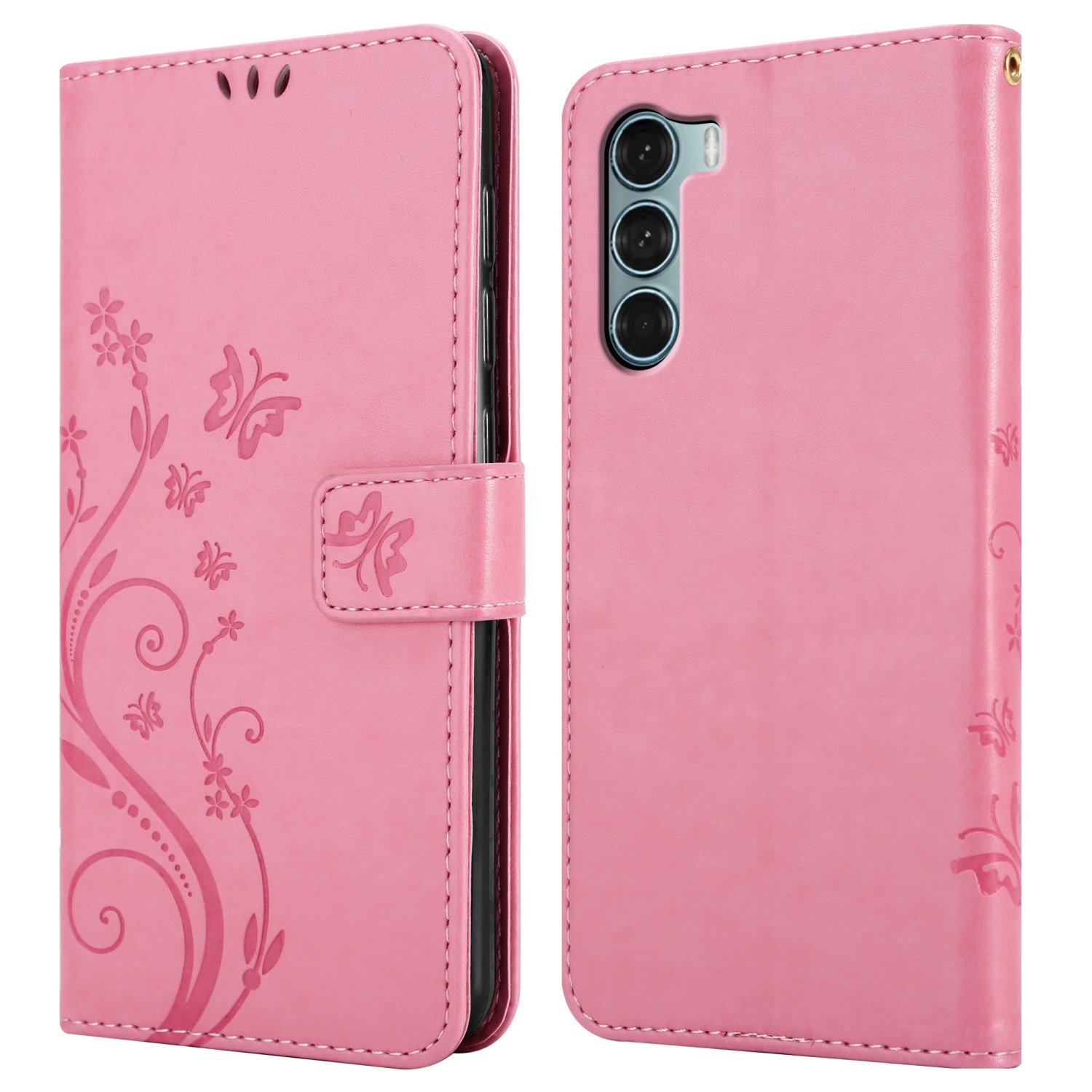 Custodia rosa con design floreale e farfalla. Viste aperta e chiusa.