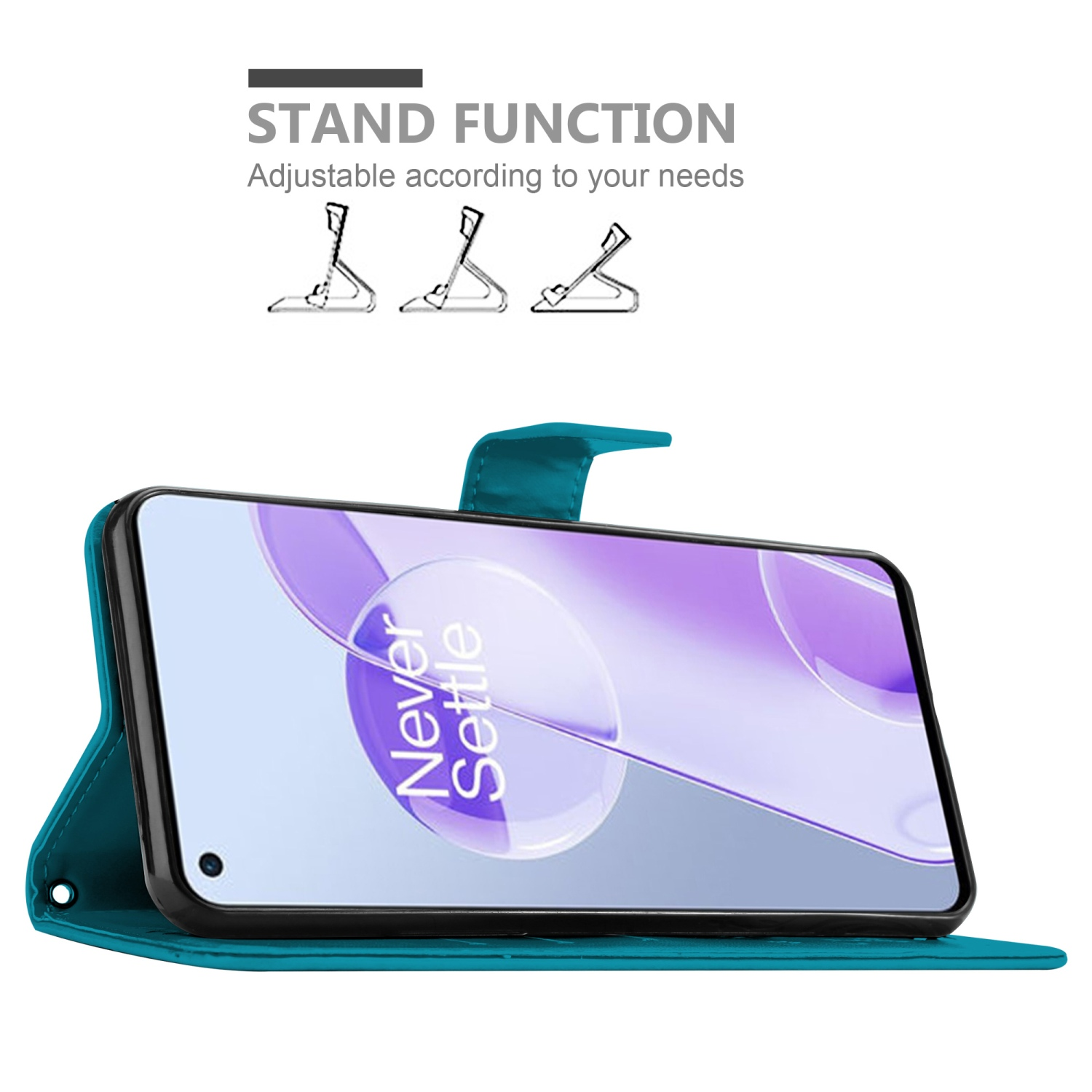Una custodia per telefono con un telefono all'interno. La custodia è verde acqua con funzione supporto. Lo schermo dice 'Never Settle'.