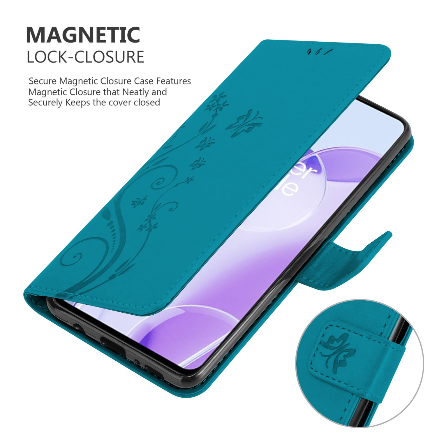 Custodia per telefono turchese aperta, che mostra lo schermo del telefono e un design floreale sulla cover.