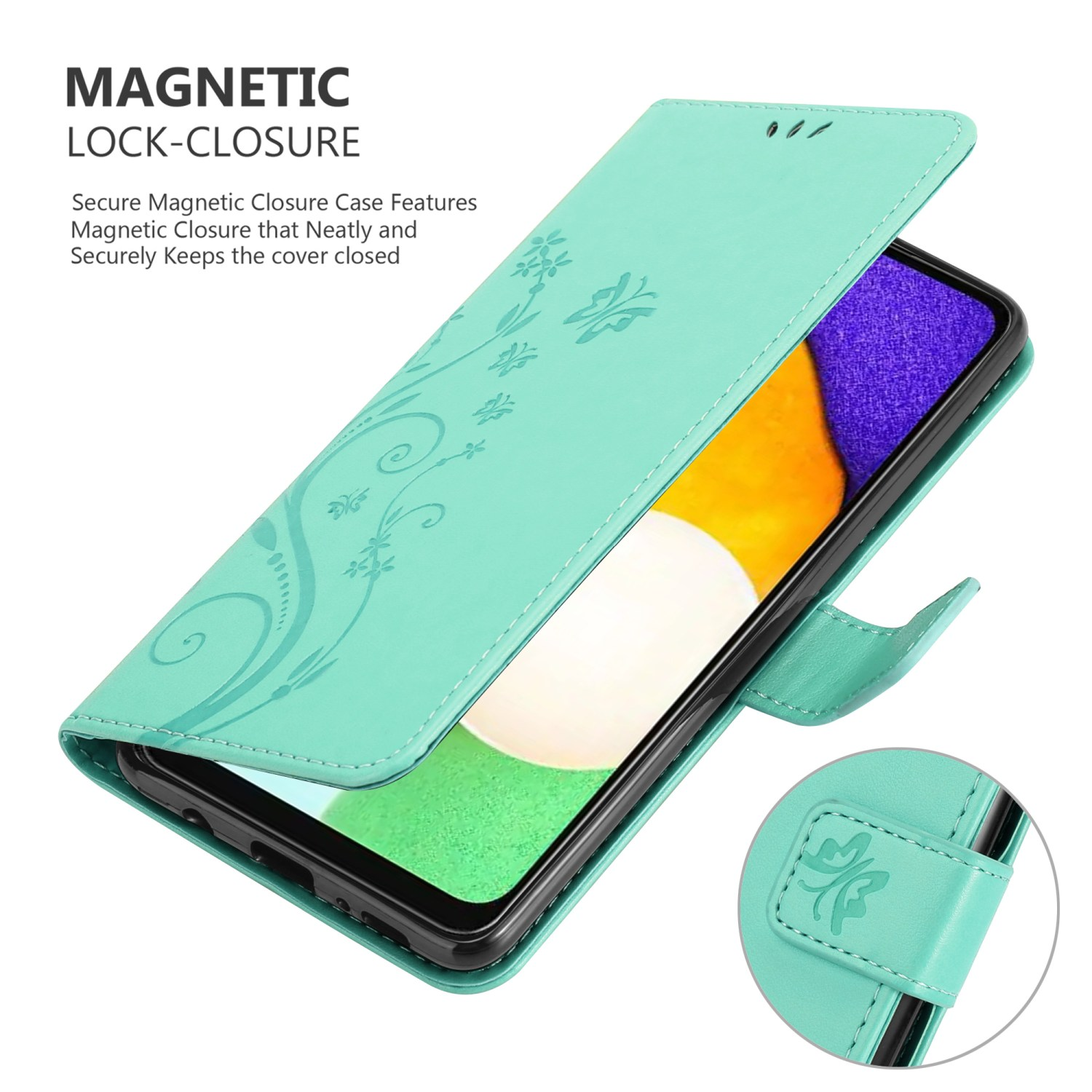 Minzgrüne Handyhülle mit floralem Design, geöffnet, um ein Telefon zu zeigen. Text: Magnetischer Verschluss.